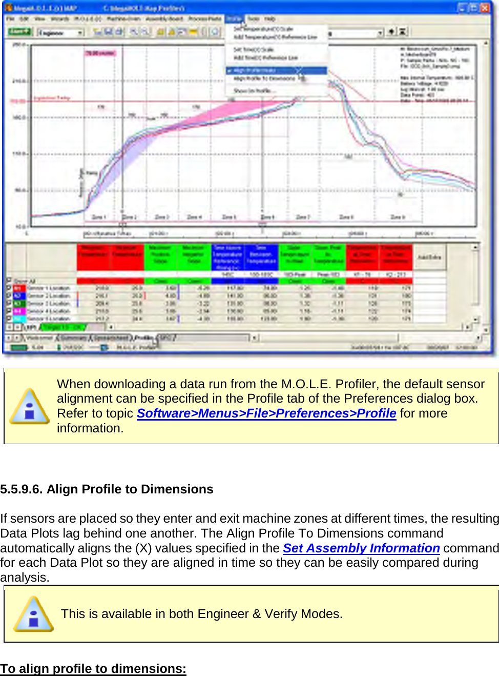         When downloading a data run from the M.O.L.E. Profiler, the default sensor alignment can be specified in the Profile tab of the Preferences dialog box. Refer to topic Software&gt;Menus&gt;File&gt;Preferences&gt;Profile for more information.   5.5.9.6. Align Profile to Dimensions  If sensors are placed so they enter and exit machine zones at different times, the resulting Data Plots lag behind one another. The Align Profile To Dimensions command automatically aligns the (X) values specified in the Set Assembly Information command for each Data Plot so they are aligned in time so they can be easily compared during analysis.  This is available in both Engineer &amp; Verify Modes.  To align profile to dimensions: 