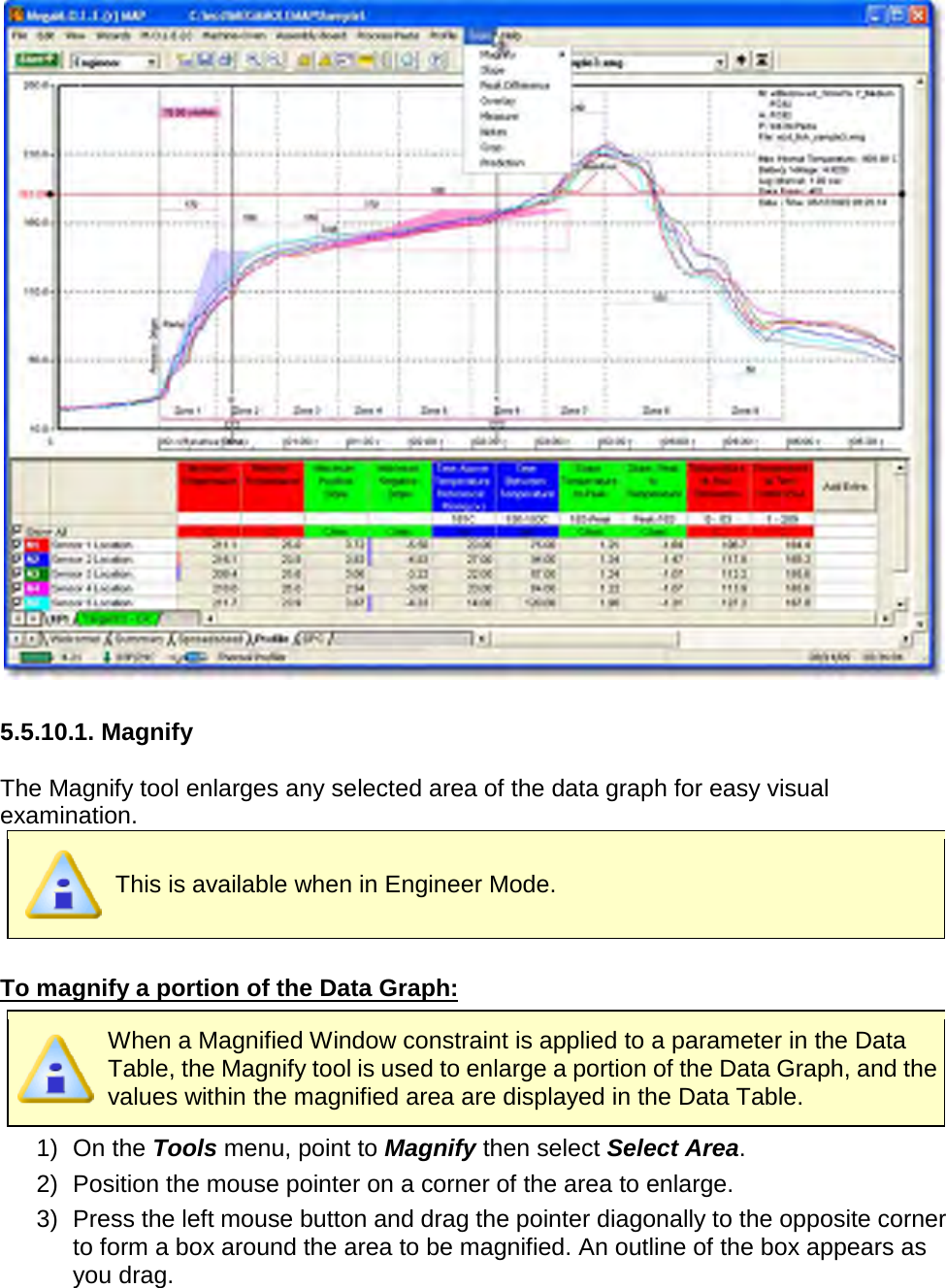         5.5.10.1. Magnify  The Magnify tool enlarges any selected area of the data graph for easy visual examination.  This is available when in Engineer Mode.  To magnify a portion of the Data Graph:  When a Magnified Window constraint is applied to a parameter in the Data Table, the Magnify tool is used to enlarge a portion of the Data Graph, and the values within the magnified area are displayed in the Data Table. 1) On the Tools menu, point to Magnify then select Select Area. 2) Position the mouse pointer on a corner of the area to enlarge. 3) Press the left mouse button and drag the pointer diagonally to the opposite corner to form a box around the area to be magnified. An outline of the box appears as you drag. 