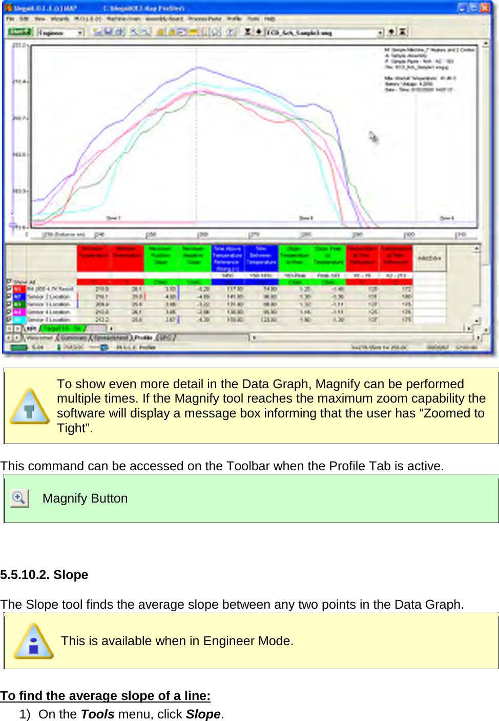         To show even more detail in the Data Graph, Magnify can be performed multiple times. If the Magnify tool reaches the maximum zoom capability the software will display a message box informing that the user has “Zoomed to Tight”.  This command can be accessed on the Toolbar when the Profile Tab is active.  Magnify Button    5.5.10.2. Slope  The Slope tool finds the average slope between any two points in the Data Graph.  This is available when in Engineer Mode.  To find the average slope of a line: 1) On the Tools menu, click Slope. 