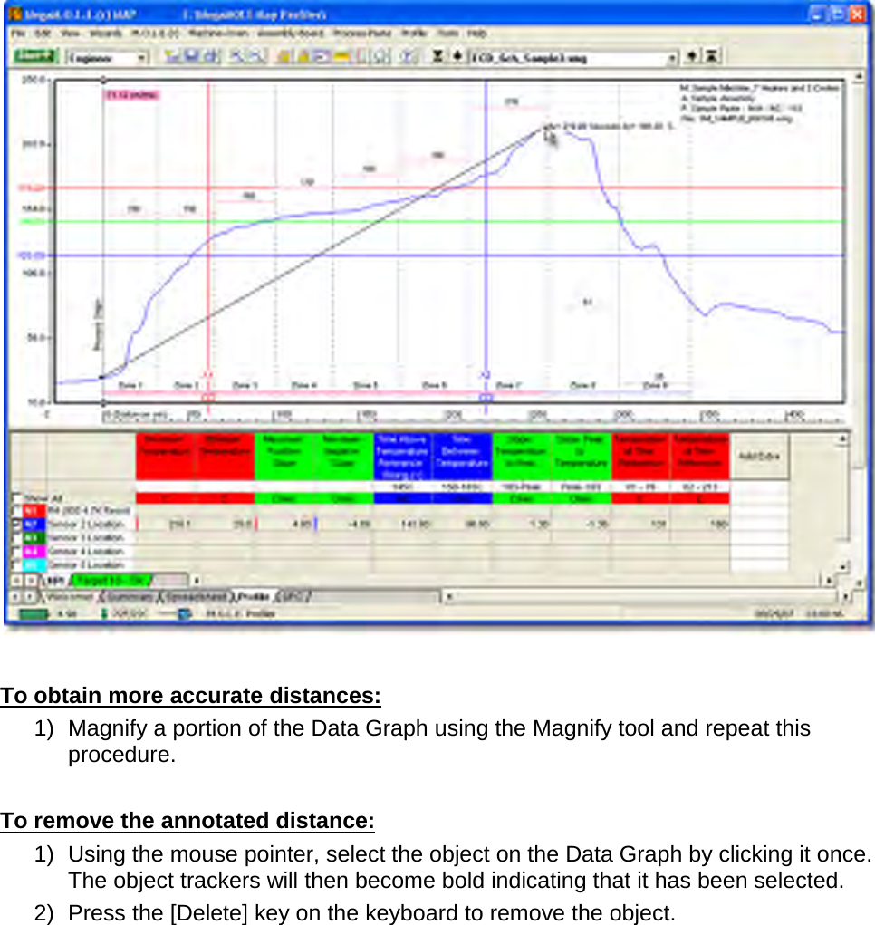         To obtain more accurate distances: 1) Magnify a portion of the Data Graph using the Magnify tool and repeat this procedure.  To remove the annotated distance: 1) Using the mouse pointer, select the object on the Data Graph by clicking it once. The object trackers will then become bold indicating that it has been selected. 2) Press the [Delete] key on the keyboard to remove the object. 