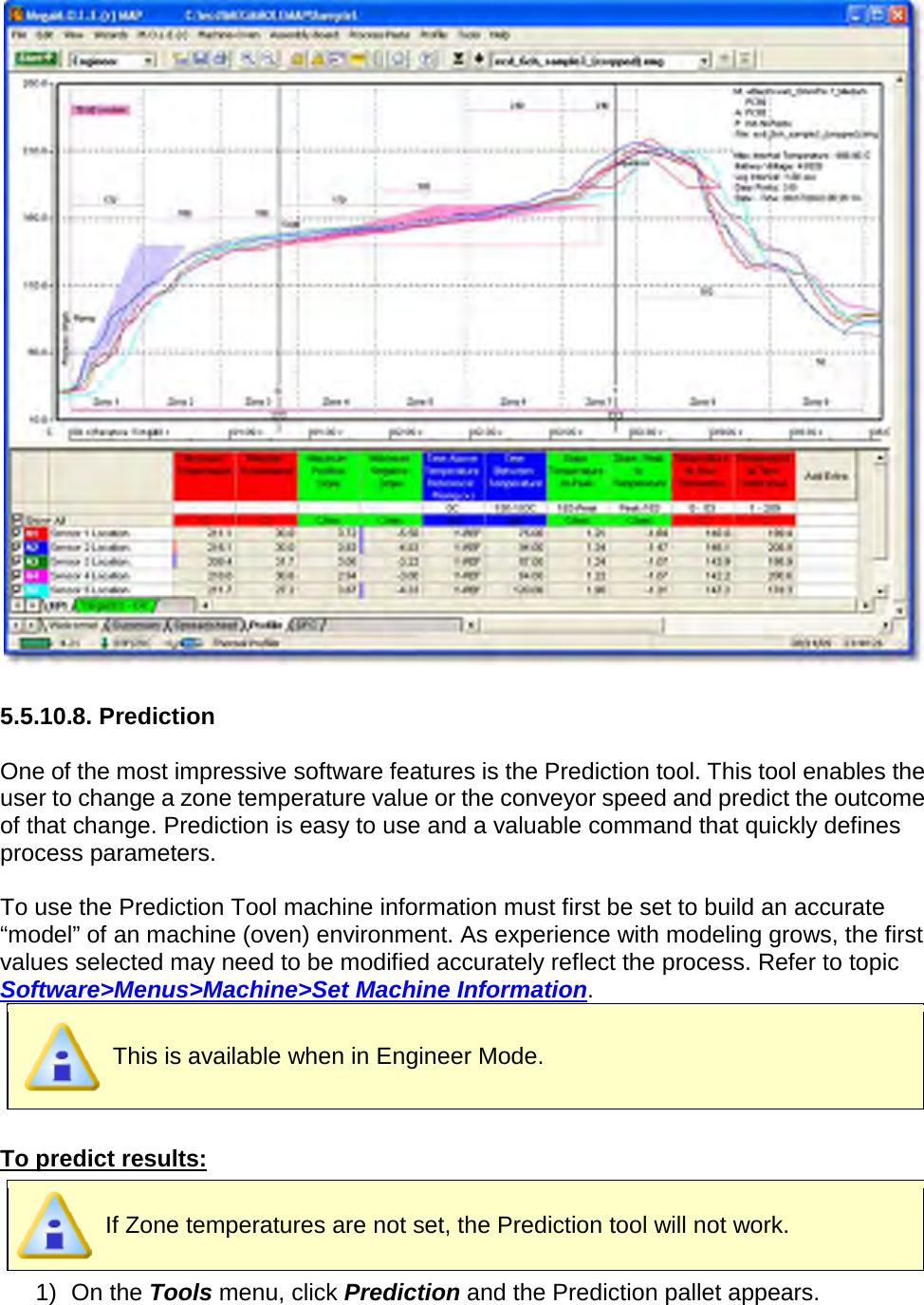         5.5.10.8. Prediction  One of the most impressive software features is the Prediction tool. This tool enables the user to change a zone temperature value or the conveyor speed and predict the outcome of that change. Prediction is easy to use and a valuable command that quickly defines process parameters.  To use the Prediction Tool machine information must first be set to build an accurate “model” of an machine (oven) environment. As experience with modeling grows, the first values selected may need to be modified accurately reflect the process. Refer to topic Software&gt;Menus&gt;Machine&gt;Set Machine Information.  This is available when in Engineer Mode.  To predict results:  If Zone temperatures are not set, the Prediction tool will not work. 1) On the Tools menu, click Prediction and the Prediction pallet appears. 