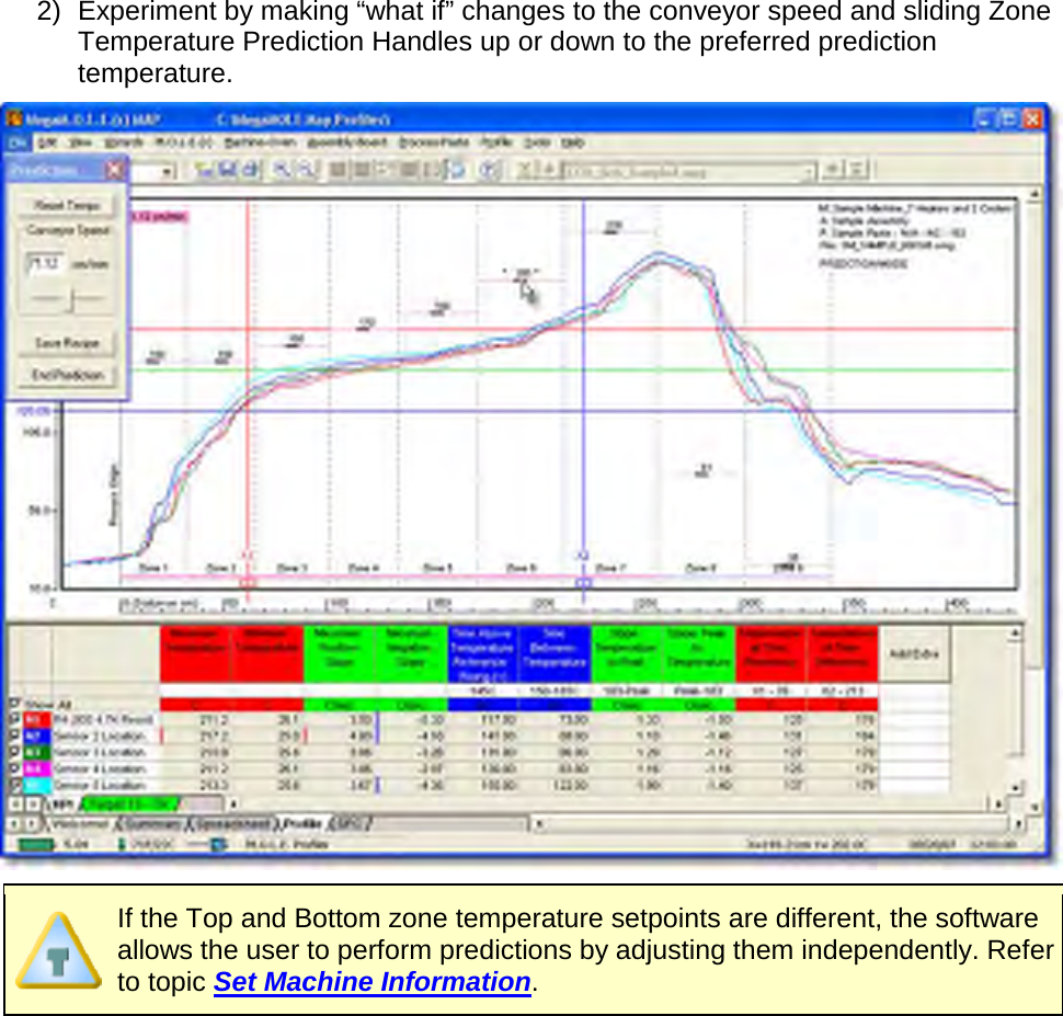       2) Experiment by making “what if” changes to the conveyor speed and sliding Zone Temperature Prediction Handles up or down to the preferred prediction temperature.   If the Top and Bottom zone temperature setpoints are different, the software allows the user to perform predictions by adjusting them independently. Refer to topic Set Machine Information. 