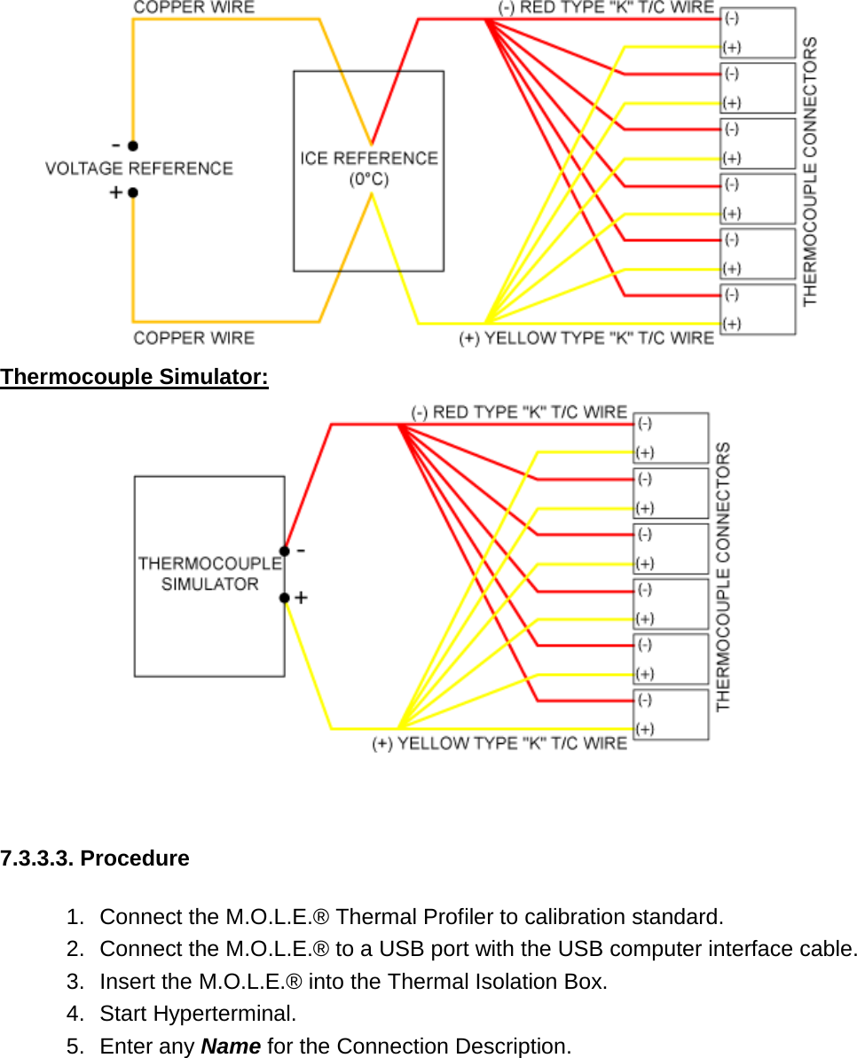        Thermocouple Simulator:     7.3.3.3. Procedure  1. Connect the M.O.L.E.® Thermal Profiler to calibration standard. 2. Connect the M.O.L.E.® to a USB port with the USB computer interface cable. 3. Insert the M.O.L.E.® into the Thermal Isolation Box. 4. Start Hyperterminal. 5. Enter any Name for the Connection Description. 