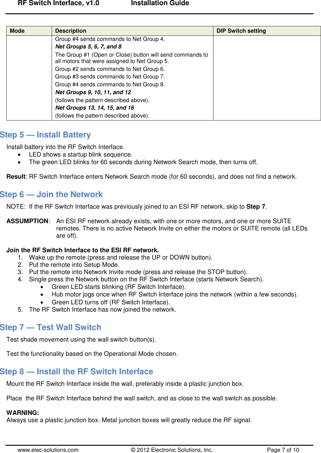 RF Switch Interface, v1.0      Installation Guide  www.elec-solutions.com          © 2012 Electronic Solutions, Inc.          Page 7 of 10 Mode Description DIP Switch setting Group #4 sends commands to Net Group 4. Net Groups 5, 6, 7, and 8 The Group #1 (Open or Close) button will send commands to all motors that were assigned to Net Group 5. Group #2 sends commands to Net Group 6. Group #3 sends commands to Net Group 7. Group #4 sends commands to Net Group 8. Net Groups 9, 10, 11, and 12 (follows the pattern described above). Net Groups 13, 14, 15, and 16 (follows the pattern described above). Step 5 — Install Battery Install battery into the RF Switch Interface.   LED shows a startup blink sequence.   The green LED blinks for 60 seconds during Network Search mode, then turns off.  Result: RF Switch Interface enters Network Search mode (for 60 seconds), and does not find a network. Step 6 — Join the Network NOTE:  If the RF Switch Interface was previously joined to an ESI RF network, skip to Step 7.  ASSUMPTION:   An ESI RF network already exists, with one or more motors, and one or more SUITE remotes. There is no active Network Invite on either the motors or SUITE remote (all LEDs are off).  Join the RF Switch Interface to the ESI RF network. 1.  Wake up the remote (press and release the UP or DOWN button). 2.  Put the remote into Setup Mode. 3.  Put the remote into Network Invite mode (press and release the STOP button). 4.  Single press the Network button on the RF Switch Interface (starts Network Search).   Green LED starts blinking (RF Switch Interface).   Hub motor jogs once when RF Switch Interface joins the network (within a few seconds).   Green LED turns off (RF Switch Interface). 5.  The RF Switch Interface has now joined the network. Step 7 — Test Wall Switch Test shade movement using the wall switch button(s).  Test the functionality based on the Operational Mode chosen. Step 8 — Install the RF Switch Interface Mount the RF Switch Interface inside the wall, preferably inside a plastic junction box.  Place  the RF Switch Interface behind the wall switch, and as close to the wall switch as possible.  WARNING: Always use a plastic junction box. Metal junction boxes will greatly reduce the RF signal. 