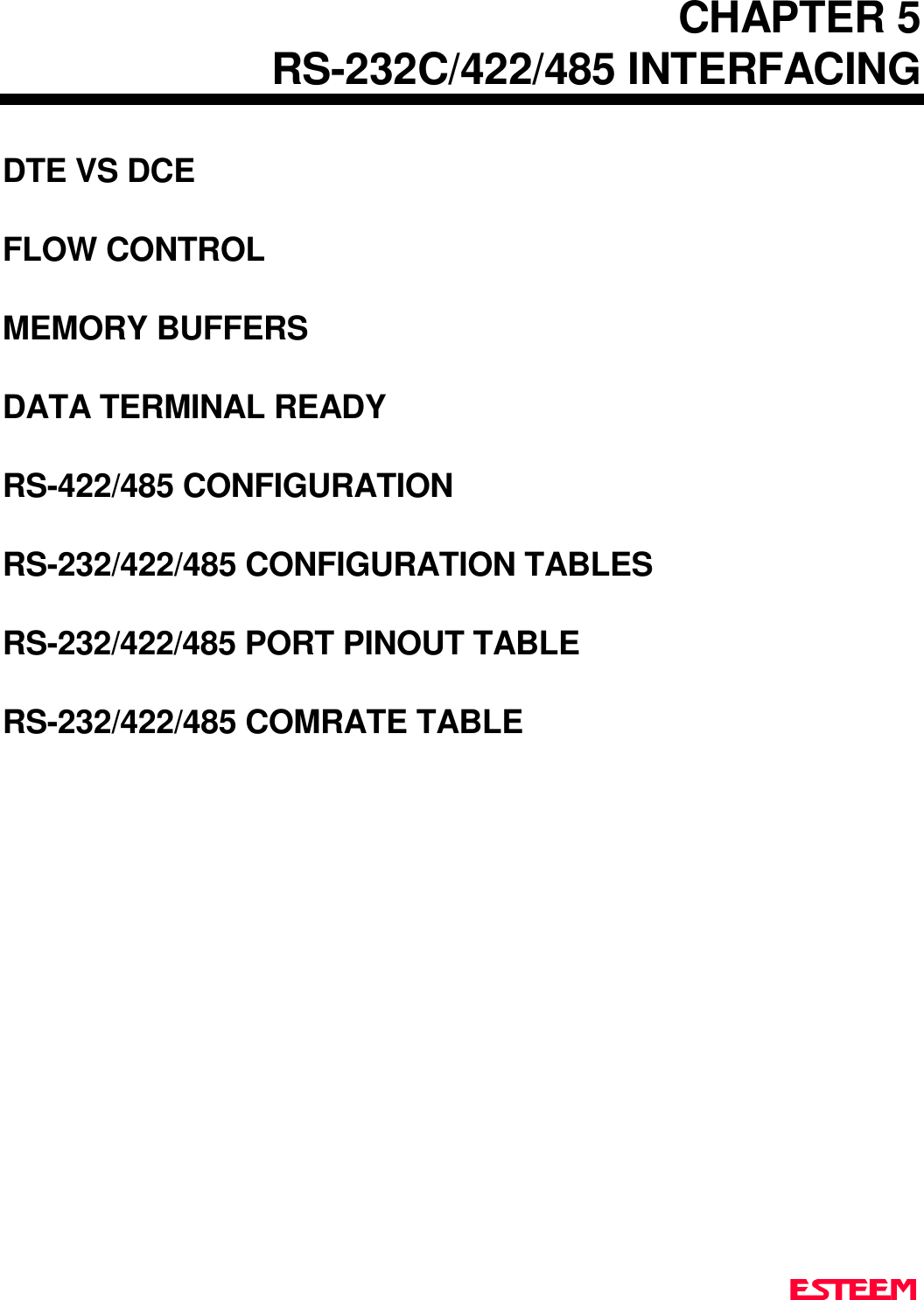 CHAPTER 5RS-232C/422/485 INTERFACINGDTE VS DCEFLOW CONTROLMEMORY BUFFERSDATA TERMINAL READYRS-422/485 CONFIGURATIONRS-232/422/485 CONFIGURATION TABLESRS-232/422/485 PORT PINOUT TABLERS-232/422/485 COMRATE TABLE
