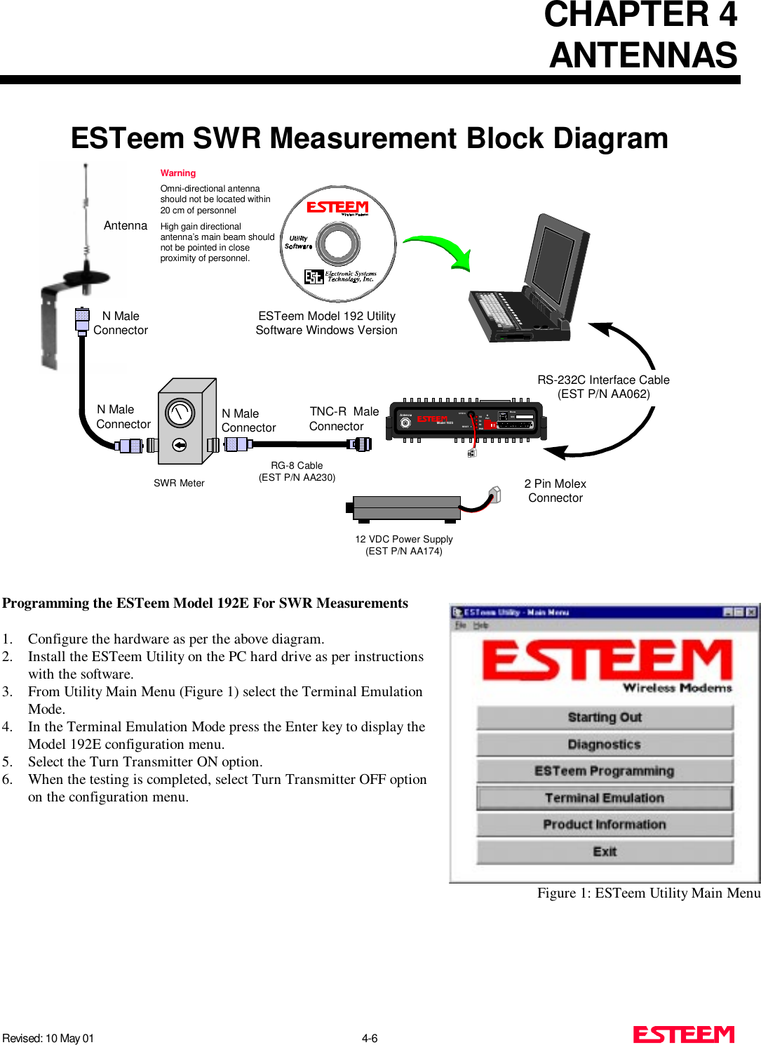 CHAPTER 4ANTENNASRevised: 10 May 01 4-6ESTeem SWR Measurement Block DiagramProgramming the ESTeem Model 192E For SWR Measurements1. Configure the hardware as per the above diagram.2. Install the ESTeem Utility on the PC hard drive as per instructionswith the software.3. From Utility Main Menu (Figure 1) select the Terminal EmulationMode.4. In the Terminal Emulation Mode press the Enter key to display theModel 192E configuration menu.5. Select the Turn Transmitter ON option.6. When the testing is completed, select Turn Transmitter OFF optionon the configuration menu.      Figure 1: ESTeem Utility Main MenuN MaleConnector N MaleConnectorTNC-R  MaleConnectorAntenna2 Pin MolexConnectorRS-232C Interface Cable(EST P/N AA062)N MaleConnectorSWR MeterRG-8 Cable(EST P/N AA230)12 VDC Power Supply(EST P/N AA174)S/ N:T/ETXRXPW RIRPo rtPhoneModel 192SAntenna 12 V D CRESETESTeem Model 192 UtilitySoftware Windows VersionWarningOmni-directional antennashould not be located within20 cm of personnelHigh gain directionalantenna’s main beam shouldnot be pointed in closeproximity of personnel.