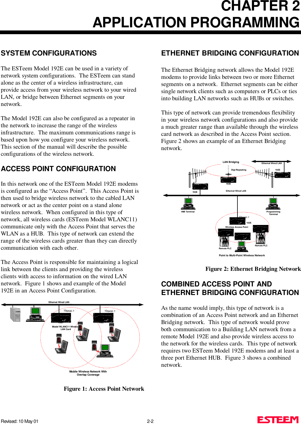 CHAPTER 2APPLICATION PROGRAMMINGRevised: 10 May 01 2-2SYSTEM CONFIGURATIONSThe ESTeem Model 192E can be used in a variety ofnetwork system configurations.  The ESTeem can standalone as the center of a wireless infrastructure, canprovide access from your wireless network to your wiredLAN, or bridge between Ethernet segments on yournetwork.The Model 192E can also be configured as a repeater inthe network to increase the range of the wirelessinfrastructure.  The maximum communications range isbased upon how you configure your wireless network. This section of the manual will describe the possibleconfigurations of the wireless network.ACCESS POINT CONFIGURATIONIn this network one of the ESTeem Model 192E modemsis configured as the “Access Point”.  This Access Point isthen used to bridge wireless network to the cabled LANnetwork or act as the center point on a stand alonewireless network.  When configured in this type ofnetwork, all wireless cards (ESTeem Model WLANC11)communicate only with the Access Point that serves theWLAN as a HUB.  This type of network can extend therange of the wireless cards greater than they can directlycommunication with each other. The Access Point is responsible for maintaining a logicallink between the clients and providing the wirelessclients with access to information on the wired LANnetwork.  Figure 1 shows and example of the Model192E in an Access Point Configuration.ETHERNET BRIDGING CONFIGURATIONThe Ethernet Bridging network allows the Model 192Emodems to provide links between two or more Ethernetsegments on a network.  Ethernet segments can be eithersingle network clients such as computers or PLCs or tiesinto building LAN networks such as HUBs or switches.This type of network can provide tremendous flexibilityin your wireless network configurations and also providea much greater range than available through the wirelesscard network as described in the Access Point section. Figure 2 shows an example of an Ethernet Bridgingnetwork.COMBINED ACCESS POINT ANDETHERNET BRIDGING CONFIGURATIONAs the name would imply, this type of network is acombination of an Access Point network and an EthernetBridging network.  This type of network would proveboth communication to a Building LAN network from aremote Model 192E and also provide wireless access tothe network for the wireless cards.  This type of networkrequires two ESTeem Model 192E modems and at least athree port Ethernet HUB.  Figure 3 shows a combinednetwork.Ethernet Wired LANMobile Wireless Network WithOverlap Coverage192EModel WLANC11 WirelessLAN Card192E10BASE-T 10BASE-TFigure 1: Access Point NetworkPoint to Multi-Point Wireless Network10BASE-T192EEthernet Wired LANWireless Access PointProgrammingTerminalHMI TerminalRemote PLCRemote PLC192E192EEthernet Wired LANLAN BridgingDigi-Repeating192EFigure 2: Ethernet Bridging Network