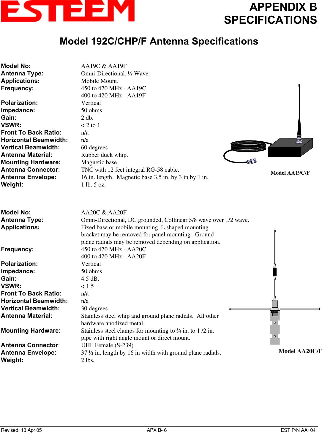 APPENDIX BSPECIFICATIONSModel 192C/CHP/F Antenna SpecificationsRevised: 13 Apr 05 APX B- 6EST P/N AA104Model No: AA19C &amp; AA19FAntenna Type: Omni-Directional, ½ WaveApplications:Mobile Mount.Frequency: 450 to 470 MHz - AA19C400 to 420 MHz - AA19FPolarization: VerticalImpedance: 50 ohmsGain: 2 db.VSWR: &lt; 2 to 1Front To Back Ratio: n/aHorizontal Beamwidth: n/aVertical Beamwidth:   60 degreesAntenna Material: Rubber duck whip.Mounting Hardware:   Magnetic base.Antenna Connector:TNC with 12 feet integral RG-58 cable.Antenna Envelope: 16 in. length.  Magnetic base 3.5 in. by 3 in by 1 in.Weight:   1 lb. 5 oz.Model No: AA20C &amp; AA20FAntenna Type: Omni-Directional, DC grounded, Collinear 5/8 wave over 1/2 wave.Applications:Fixed base or mobile mounting. L shaped mountingbracket may be removed for panel mounting.  Groundplane radials may be removed depending on application.Frequency: 450 to 470 MHz - AA20C400 to 420 MHz - AA20FPolarization: VerticalImpedance: 50 ohmsGain: 4.5 dB.VSWR: &lt; 1.5Front To Back Ratio: n/aHorizontal Beamwidth: n/aVertical Beamwidth:   30 degreesAntenna Material: Stainless steel whip and ground plane radials.  All otherhardware anodized metal.Mounting Hardware:   Stainless steel clamps for mounting to ¾ in. to 1 /2 in.pipe with right angle mount or direct mount.Antenna Connector:UHF Female (S-239)Antenna Envelope: 37 ½ in. length by 16 in width with ground plane radials.Weight:   2 lbs.Model AA19C/FModel AA20C/F