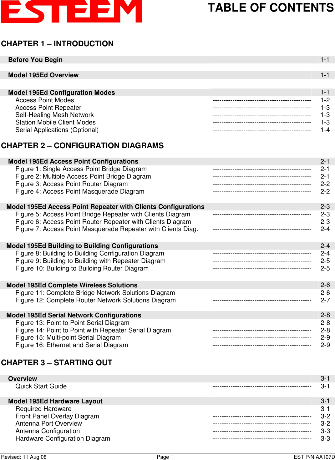 TABLE OF CONTENTS    Revised: 11 Aug 08  Page 1  EST P/N AA107D CHAPTER 1 – INTRODUCTION      Before You Begin   1-1      Model 195Ed Overview   1-1         Model 195Ed Configuration Modes   1-1         Access Point Modes  --------------------------------------------- 1-2         Access Point Repeater  --------------------------------------------- 1-3         Self-Healing Mesh Network  --------------------------------------------- 1-3         Station Mobile Client Modes  --------------------------------------------- 1-3         Serial Applications (Optional)  --------------------------------------------- 1-4      CHAPTER 2 – CONFIGURATION DIAGRAMS             Model 195Ed Access Point Configurations   2-1         Figure 1: Single Access Point Bridge Diagram  --------------------------------------------- 2-1         Figure 2: Multiple Access Point Bridge Diagram  --------------------------------------------- 2-1         Figure 3: Access Point Router Diagram  --------------------------------------------- 2-2         Figure 4: Access Point Masquerade Diagram  --------------------------------------------- 2-2        Model 195Ed Access Point Repeater with Clients Configurations   2-3         Figure 5: Access Point Bridge Repeater with Clients Diagram  --------------------------------------------- 2-3         Figure 6: Access Point Router Repeater with Clients Diagram  --------------------------------------------- 2-3         Figure 7: Access Point Masquerade Repeater with Clients Diag.  --------------------------------------------- 2-4        Model 195Ed Building to Building Configurations   2-4         Figure 8: Building to Building Configuration Diagram  --------------------------------------------- 2-4         Figure 9: Building to Building with Repeater Diagram  --------------------------------------------- 2-5         Figure 10: Building to Building Router Diagram  --------------------------------------------- 2-5        Model 195Ed Complete Wireless Solutions   2-6         Figure 11: Complete Bridge Network Solutions Diagram  --------------------------------------------- 2-6         Figure 12: Complete Router Network Solutions Diagram  --------------------------------------------- 2-7         Model 195Ed Serial Network Configurations   2-8         Figure 13: Point to Point Serial Diagram  --------------------------------------------- 2-8         Figure 14: Point to Point with Repeater Serial Diagram  --------------------------------------------- 2-8         Figure 15: Multi-point Serial Diagram  --------------------------------------------- 2-9         Figure 16: Ethernet and Serial Diagram  --------------------------------------------- 2-9     CHAPTER 3 – STARTING OUT             Overview   3-1         Quick Start Guide  --------------------------------------------- 3-1          Model 195Ed Hardware Layout   3-1         Required Hardware  --------------------------------------------- 3-1         Front Panel Overlay Diagram  --------------------------------------------- 3-2         Antenna Port Overview  --------------------------------------------- 3-2         Antenna Configuration  --------------------------------------------- 3-3         Hardware Configuration Diagram  --------------------------------------------- 3-3 