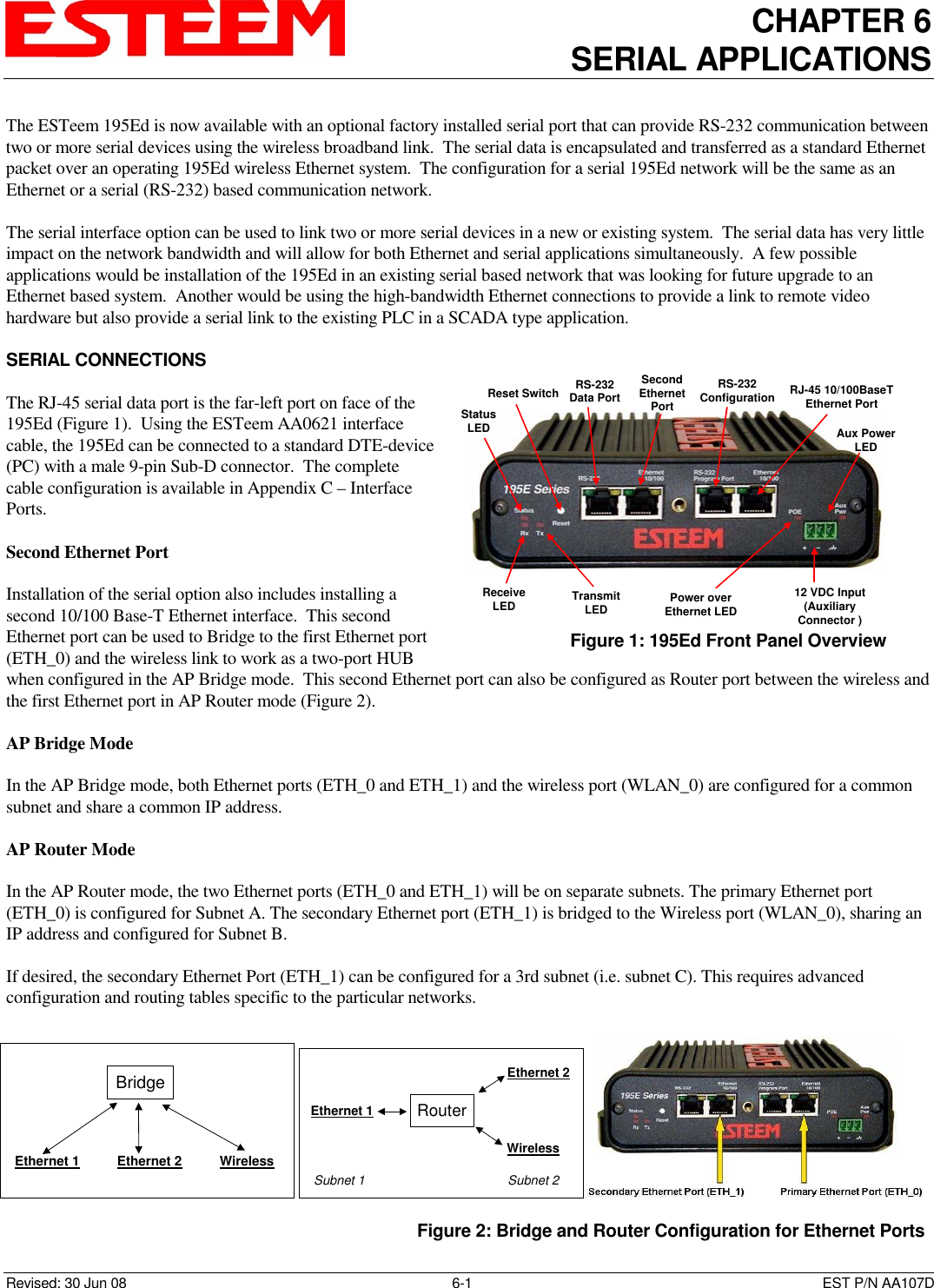CHAPTER 6 SERIAL APPLICATIONS   Revised: 30 Jun 08  6-1  EST P/N AA107D The ESTeem 195Ed is now available with an optional factory installed serial port that can provide RS-232 communication between two or more serial devices using the wireless broadband link.  The serial data is encapsulated and transferred as a standard Ethernet packet over an operating 195Ed wireless Ethernet system.  The configuration for a serial 195Ed network will be the same as an Ethernet or a serial (RS-232) based communication network.  The serial interface option can be used to link two or more serial devices in a new or existing system.  The serial data has very little impact on the network bandwidth and will allow for both Ethernet and serial applications simultaneously.  A few possible applications would be installation of the 195Ed in an existing serial based network that was looking for future upgrade to an Ethernet based system.  Another would be using the high-bandwidth Ethernet connections to provide a link to remote video hardware but also provide a serial link to the existing PLC in a SCADA type application.  SERIAL CONNECTIONS  The RJ-45 serial data port is the far-left port on face of the 195Ed (Figure 1).  Using the ESTeem AA0621 interface cable, the 195Ed can be connected to a standard DTE-device (PC) with a male 9-pin Sub-D connector.  The complete cable configuration is available in Appendix C – Interface Ports.   Second Ethernet Port  Installation of the serial option also includes installing a second 10/100 Base-T Ethernet interface.  This second Ethernet port can be used to Bridge to the first Ethernet port (ETH_0) and the wireless link to work as a two-port HUB when configured in the AP Bridge mode.  This second Ethernet port can also be configured as Router port between the wireless and the first Ethernet port in AP Router mode (Figure 2).  AP Bridge Mode  In the AP Bridge mode, both Ethernet ports (ETH_0 and ETH_1) and the wireless port (WLAN_0) are configured for a common subnet and share a common IP address.   AP Router Mode  In the AP Router mode, the two Ethernet ports (ETH_0 and ETH_1) will be on separate subnets. The primary Ethernet port (ETH_0) is configured for Subnet A. The secondary Ethernet port (ETH_1) is bridged to the Wireless port (WLAN_0), sharing an IP address and configured for Subnet B.  If desired, the secondary Ethernet Port (ETH_1) can be configured for a 3rd subnet (i.e. subnet C). This requires advanced configuration and routing tables specific to the particular networks.  12 VDC Input(AuxiliaryConnector )Reset Switch RS-232Configuration RJ-45 10/100BaseTEthernet PortTransmitLEDReceiveLEDStatusLEDPower overEthernet LEDAux PowerLEDRS-232Data PortSecondEthernetPortFigure 1: 195Ed Front Panel Overview BridgeEthernet 1 Ethernet 2 Wireless RouterEthernet 1Ethernet 2WirelessSubnet 1 Subnet 2  Figure 2: Bridge and Router Configuration for Ethernet Ports 