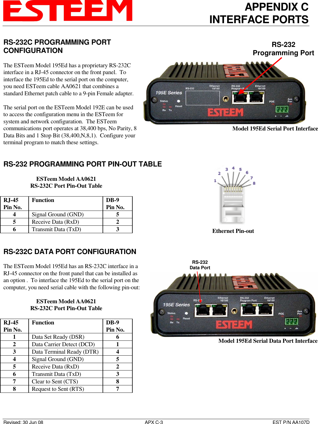 APPENDIX C INTERFACE PORTS   Revised: 30 Jun 08  APX C-3  EST P/N AA107D RS-232C PROGRAMMING PORT CONFIGURATION  The ESTeem Model 195Ed has a proprietary RS-232C interface in a RJ-45 connector on the front panel.  To interface the 195Ed to the serial port on the computer, you need ESTeem cable AA0621 that combines a standard Ethernet patch cable to a 9-pin Female adapter.  The serial port on the ESTeem Model 192E can be used to access the configuration menu in the ESTeem for system and network configuration.  The ESTeem communications port operates at 38,400 bps, No Parity, 8 Data Bits and 1 Stop Bit (38,400,N,8,1).  Configure your terminal program to match these settings.   RS-232 PROGRAMMING PORT PIN-OUT TABLE  ESTeem Model AA0621 RS-232C Port Pin-Out Table  RJ-45 Pin No.  Function  DB-9 Pin No. 4  Signal Ground (GND)  5 5  Receive Data (RxD)  2 6  Transmit Data (TxD)  3   RS-232C DATA PORT CONFIGURATION  The ESTeem Model 195Ed has an RS-232C interface in a RJ-45 connector on the front panel that can be installed as an option .  To interface the 195Ed to the serial port on the computer, you need serial cable with the following pin-out:  ESTeem Model AA0621 RS-232C Port Pin-Out Table  RJ-45 Pin No.  Function  DB-9 Pin No. 1  Data Set Ready (DSR)  6 2  Data Carrier Detect (DCD)  1 3  Data Terminal Ready (DTR)  4 4  Signal Ground (GND)  5 5  Receive Data (RxD)  2 6  Transmit Data (TxD)  3 7  Clear to Sent (CTS)  8 8  Request to Sent (RTS)  7  RS-232Programming Port Model 195Ed Serial Port Interface  Ethernet Pin-out RS-232Data Port Model 195Ed Serial Data Port Interface 