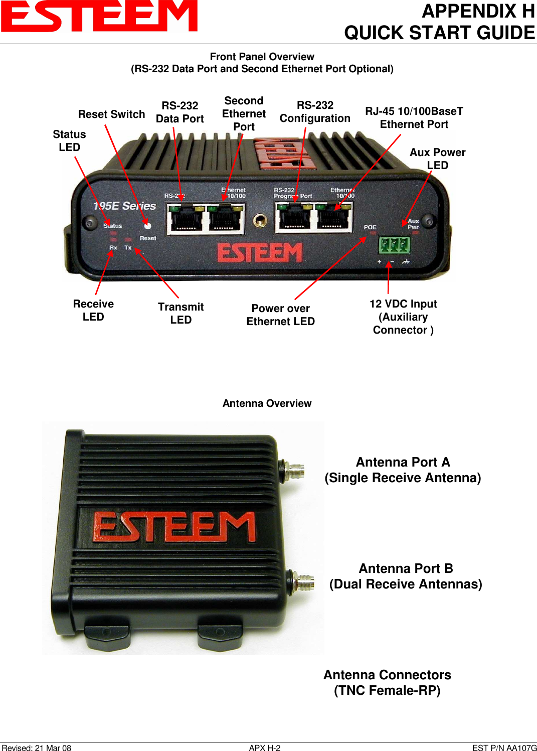 APPENDIX H QUICK START GUIDE  Revised: 21 Mar 08  APX H-2  EST P/N AA107G     Front Panel Overview (RS-232 Data Port and Second Ethernet Port Optional) 12 VDC Input(AuxiliaryConnector )Reset Switch RS-232Configuration RJ-45 10/100BaseTEthernet PortTransmitLEDReceiveLEDStatusLEDPower overEthernet LEDAux PowerLEDRS-232Data PortSecondEthernetPort Antenna Overview  Antenna Connectors(TNC Female-RP)Antenna Port A(Single Receive Antenna)Antenna Port B(Dual Receive Antennas)  