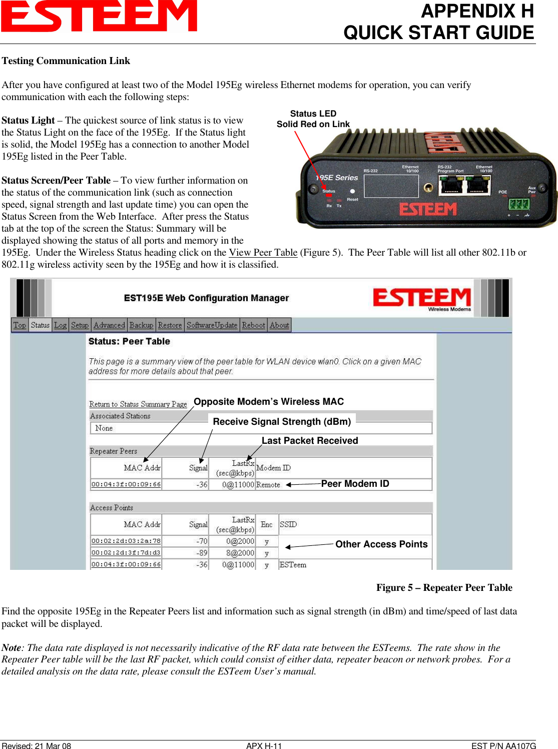 APPENDIX H QUICK START GUIDE  Revised: 21 Mar 08  APX H-11  EST P/N AA107G Testing Communication Link  After you have configured at least two of the Model 195Eg wireless Ethernet modems for operation, you can verify communication with each the following steps:  Status Light – The quickest source of link status is to view the Status Light on the face of the 195Eg.  If the Status light is solid, the Model 195Eg has a connection to another Model 195Eg listed in the Peer Table.  Status Screen/Peer Table – To view further information on the status of the communication link (such as connection speed, signal strength and last update time) you can open the Status Screen from the Web Interface.  After press the Status tab at the top of the screen the Status: Summary will be displayed showing the status of all ports and memory in the 195Eg.  Under the Wireless Status heading click on the View Peer Table (Figure 5).  The Peer Table will list all other 802.11b or 802.11g wireless activity seen by the 195Eg and how it is classified.    Find the opposite 195Eg in the Repeater Peers list and information such as signal strength (in dBm) and time/speed of last data packet will be displayed.  Note: The data rate displayed is not necessarily indicative of the RF data rate between the ESTeems.  The rate show in the Repeater Peer table will be the last RF packet, which could consist of either data, repeater beacon or network probes.  For a detailed analysis on the data rate, please consult the ESTeem User’s manual.  Status LEDSolid Red on Link  Opposite Modem’s Wireless MACReceive Signal Strength (dBm)Last Packet ReceivedPeer Modem IDOther Access Points  Figure 5 – Repeater Peer Table 