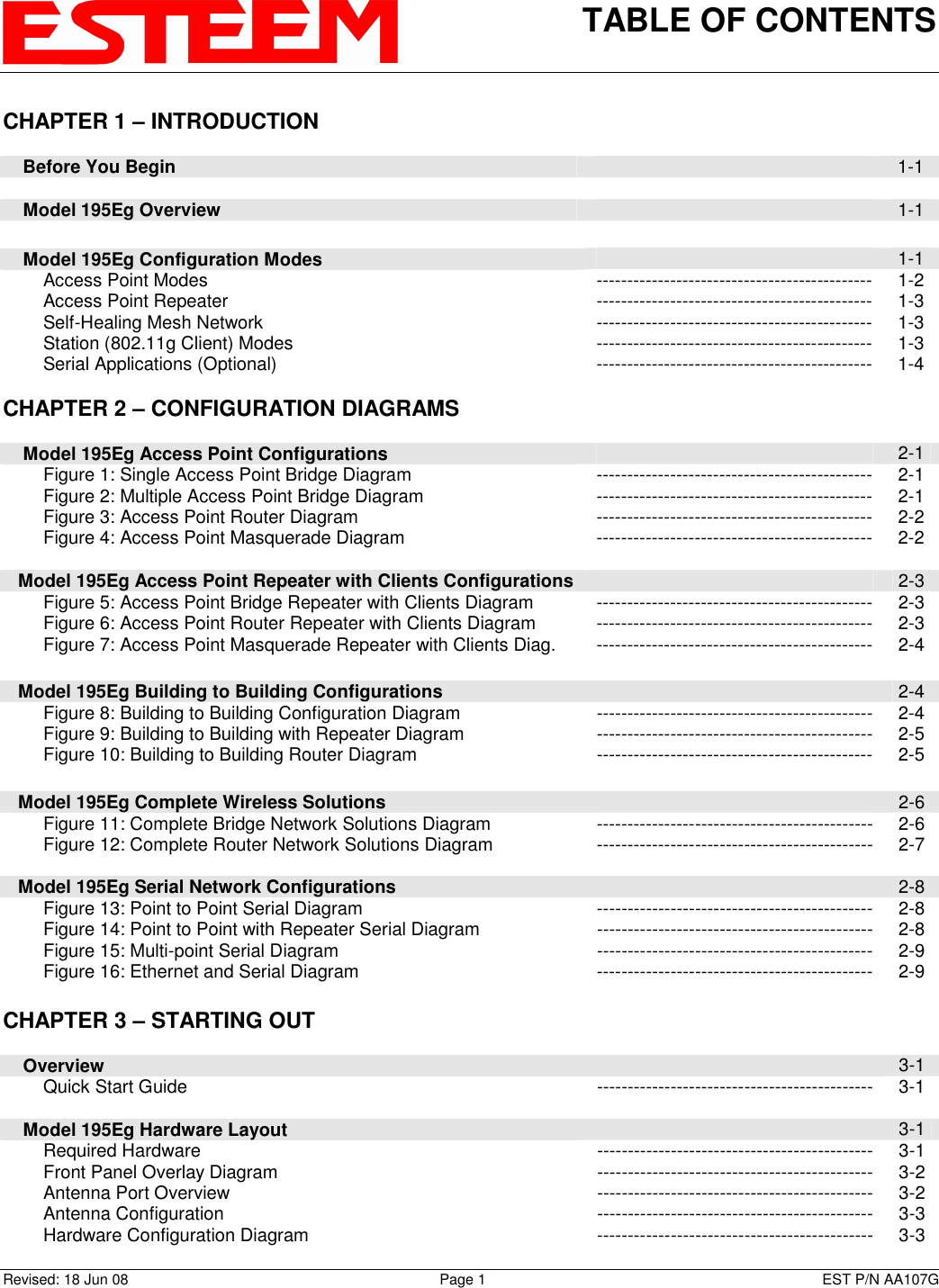 TABLE OF CONTENTS    Revised: 18 Jun 08  Page 1  EST P/N AA107G CHAPTER 1 – INTRODUCTION      Before You Begin   1-1      Model 195Eg Overview   1-1         Model 195Eg Configuration Modes   1-1         Access Point Modes  --------------------------------------------- 1-2         Access Point Repeater  --------------------------------------------- 1-3         Self-Healing Mesh Network  --------------------------------------------- 1-3         Station (802.11g Client) Modes  --------------------------------------------- 1-3         Serial Applications (Optional)  --------------------------------------------- 1-4      CHAPTER 2 – CONFIGURATION DIAGRAMS             Model 195Eg Access Point Configurations   2-1         Figure 1: Single Access Point Bridge Diagram  --------------------------------------------- 2-1         Figure 2: Multiple Access Point Bridge Diagram  --------------------------------------------- 2-1         Figure 3: Access Point Router Diagram  --------------------------------------------- 2-2         Figure 4: Access Point Masquerade Diagram  --------------------------------------------- 2-2        Model 195Eg Access Point Repeater with Clients Configurations   2-3         Figure 5: Access Point Bridge Repeater with Clients Diagram  --------------------------------------------- 2-3         Figure 6: Access Point Router Repeater with Clients Diagram  --------------------------------------------- 2-3         Figure 7: Access Point Masquerade Repeater with Clients Diag.  --------------------------------------------- 2-4        Model 195Eg Building to Building Configurations   2-4         Figure 8: Building to Building Configuration Diagram  --------------------------------------------- 2-4         Figure 9: Building to Building with Repeater Diagram  --------------------------------------------- 2-5         Figure 10: Building to Building Router Diagram  --------------------------------------------- 2-5        Model 195Eg Complete Wireless Solutions   2-6         Figure 11: Complete Bridge Network Solutions Diagram  --------------------------------------------- 2-6         Figure 12: Complete Router Network Solutions Diagram  --------------------------------------------- 2-7         Model 195Eg Serial Network Configurations   2-8         Figure 13: Point to Point Serial Diagram  --------------------------------------------- 2-8         Figure 14: Point to Point with Repeater Serial Diagram  --------------------------------------------- 2-8         Figure 15: Multi-point Serial Diagram  --------------------------------------------- 2-9         Figure 16: Ethernet and Serial Diagram  --------------------------------------------- 2-9     CHAPTER 3 – STARTING OUT             Overview   3-1         Quick Start Guide  --------------------------------------------- 3-1          Model 195Eg Hardware Layout   3-1         Required Hardware  --------------------------------------------- 3-1         Front Panel Overlay Diagram  --------------------------------------------- 3-2         Antenna Port Overview  --------------------------------------------- 3-2         Antenna Configuration  --------------------------------------------- 3-3         Hardware Configuration Diagram  --------------------------------------------- 3-3 