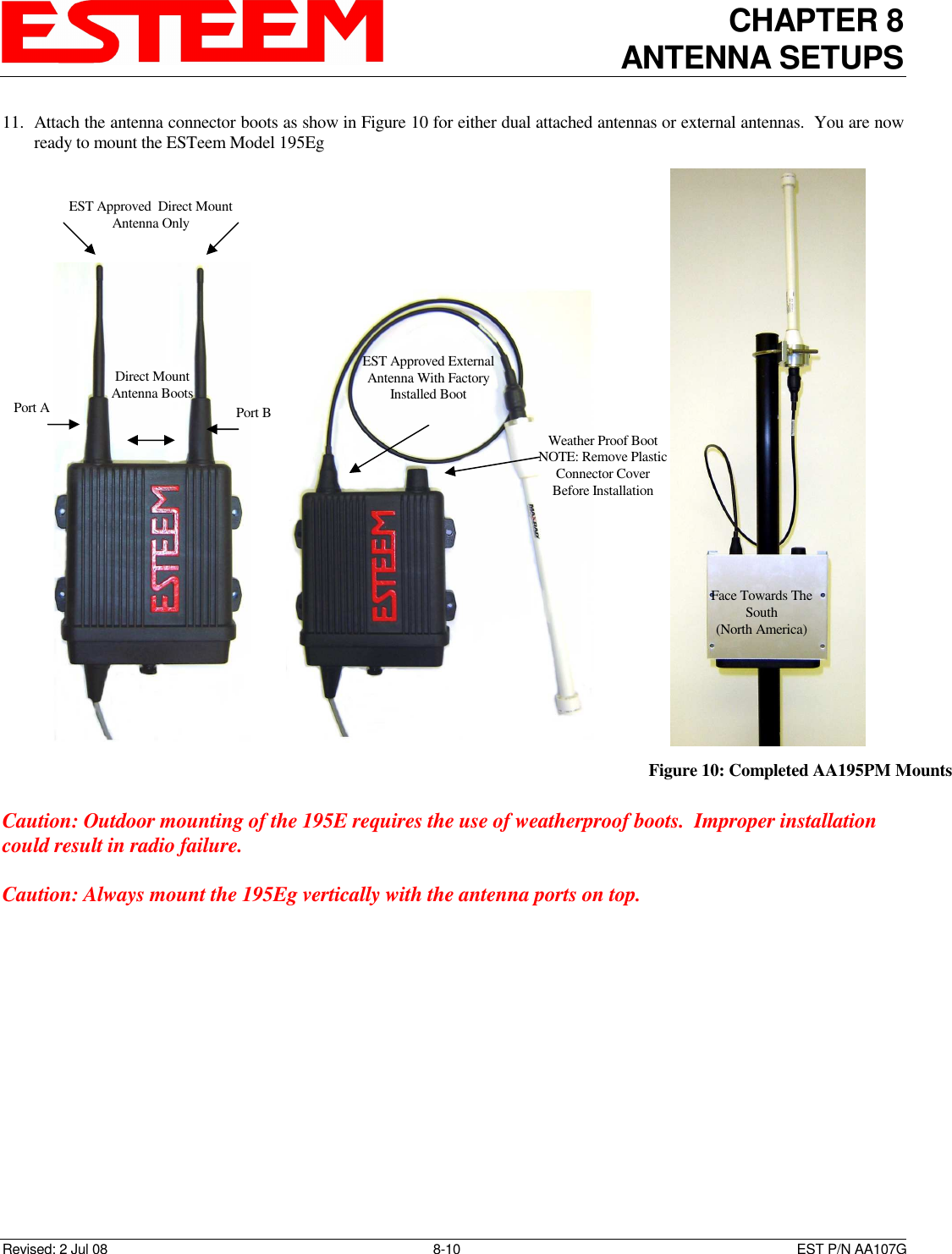 CHAPTER 8 ANTENNA SETUPS    Revised: 2 Jul 08  8-10   EST P/N AA107G 11. Attach the antenna connector boots as show in Figure 10 for either dual attached antennas or external antennas.  You are now ready to mount the ESTeem Model 195Eg  Caution: Outdoor mounting of the 195E requires the use of weatherproof boots.  Improper installation could result in radio failure.  Caution: Always mount the 195Eg vertically with the antenna ports on top.                                Figure 10: Completed AA195PM Mounts Direct Mount Antenna Boots Port A EST Approved  Direct Mount Antenna Only Port B EST Approved External Antenna With Factory Installed Boot Weather Proof Boot NOTE: Remove Plastic Connector Cover Before Installation Face Towards The South (North America) 