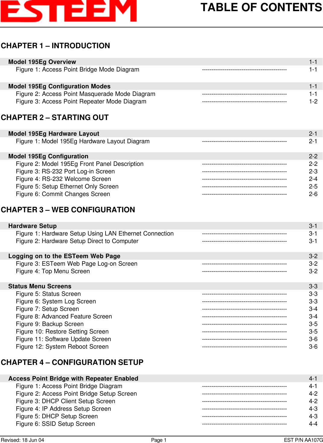 TABLE OF CONTENTSRevised: 18 Jun 04 Page 1EST P/N AA107GCHAPTER 1 – INTRODUCTION    Model 195Eg Overview 1-1        Figure 1: Access Point Bridge Mode Diagram --------------------------------------------- 1-1    Model 195Eg Configuration Modes 1-1        Figure 2: Access Point Masquerade Mode Diagram --------------------------------------------- 1-1        Figure 3: Access Point Repeater Mode Diagram --------------------------------------------- 1-2CHAPTER 2 – STARTING OUT    Model 195Eg Hardware Layout 2-1        Figure 1: Model 195Eg Hardware Layout Diagram --------------------------------------------- 2-1    Model 195Eg Configuration 2-2        Figure 2: Model 195Eg Front Panel Description --------------------------------------------- 2-2        Figure 3: RS-232 Port Log-in Screen --------------------------------------------- 2-3        Figure 4: RS-232 Welcome Screen --------------------------------------------- 2-4        Figure 5: Setup Ethernet Only Screen --------------------------------------------- 2-5        Figure 6: Commit Changes Screen --------------------------------------------- 2-6CHAPTER 3 – WEB CONFIGURATION    Hardware Setup 3-1        Figure 1: Hardware Setup Using LAN Ethernet Connection --------------------------------------------- 3-1        Figure 2: Hardware Setup Direct to Computer --------------------------------------------- 3-1    Logging on to the ESTeem Web Page 3-2        Figure 3: ESTeem Web Page Log-on Screen --------------------------------------------- 3-2        Figure 4: Top Menu Screen --------------------------------------------- 3-2    Status Menu Screens 3-3        Figure 5: Status Screen --------------------------------------------- 3-3        Figure 6: System Log Screen --------------------------------------------- 3-3        Figure 7: Setup Screen --------------------------------------------- 3-4        Figure 8: Advanced Feature Screen --------------------------------------------- 3-4        Figure 9: Backup Screen --------------------------------------------- 3-5        Figure 10: Restore Setting Screen --------------------------------------------- 3-5        Figure 11: Software Update Screen --------------------------------------------- 3-6        Figure 12: System Reboot Screen --------------------------------------------- 3-6CHAPTER 4 – CONFIGURATION SETUP    Access Point Bridge with Repeater Enabled 4-1        Figure 1: Access Point Bridge Diagram --------------------------------------------- 4-1        Figure 2: Access Point Bridge Setup Screen --------------------------------------------- 4-2        Figure 3: DHCP Client Setup Screen --------------------------------------------- 4-2        Figure 4: IP Address Setup Screen --------------------------------------------- 4-3        Figure 5: DHCP Setup Screen --------------------------------------------- 4-3        Figure 6: SSID Setup Screen --------------------------------------------- 4-4