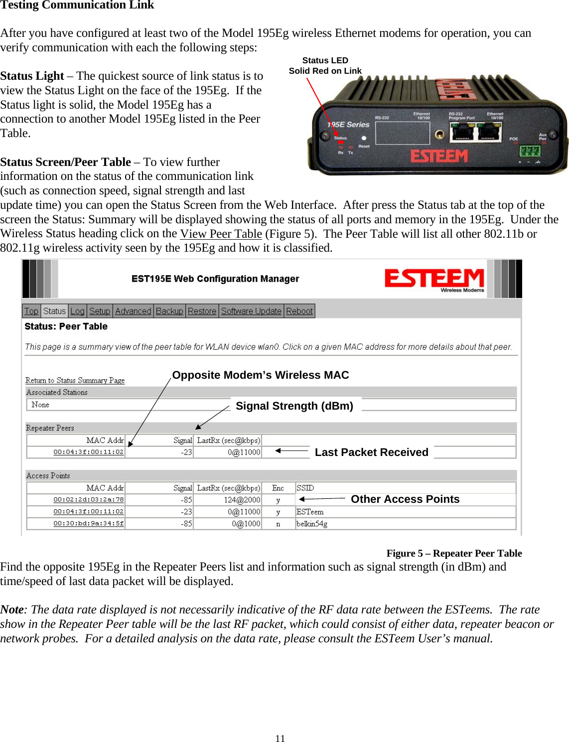 Testing Communication Link  After you have configured at least two of the Model 195Eg wireless Ethernet modems for operation, you can verify communication with each the following steps:  11 Status Light – The quickest source of link status is to view the Status Light on the face of the 195Eg.  If the Status light is solid, the Model 195Eg has a connection to another Model 195Eg listed in the Peer Table.  Status Screen/Peer Table – To view further information on the status of the communication link (such as connection speed, signal strength and last update time) you can open the Status Screen from the Web Interface.  After press the Status tab at the top of the screen the Status: Summary will be displayed showing the status of all ports and memory in the 195Eg.  Under the Wireless Status heading click on the View Peer Table (Figure 5).  The Peer Table will list all other 802.11b or 802.11g wireless activity seen by the 195Eg and how it is classified.   Status LEDSolid Red on Link  Find the opposite 195Eg in the Repeater Peers list and information such as signal strength (in dBm) and time/speed of last data packet will be displayed. Opposite Modem’s Wireless MACOther Access PointsSignal Strength (dBm) Last Packet Received  Figure 5 – Repeater Peer Table  Note: The data rate displayed is not necessarily indicative of the RF data rate between the ESTeems.  The rate show in the Repeater Peer table will be the last RF packet, which could consist of either data, repeater beacon or network probes.  For a detailed analysis on the data rate, please consult the ESTeem User’s manual.  