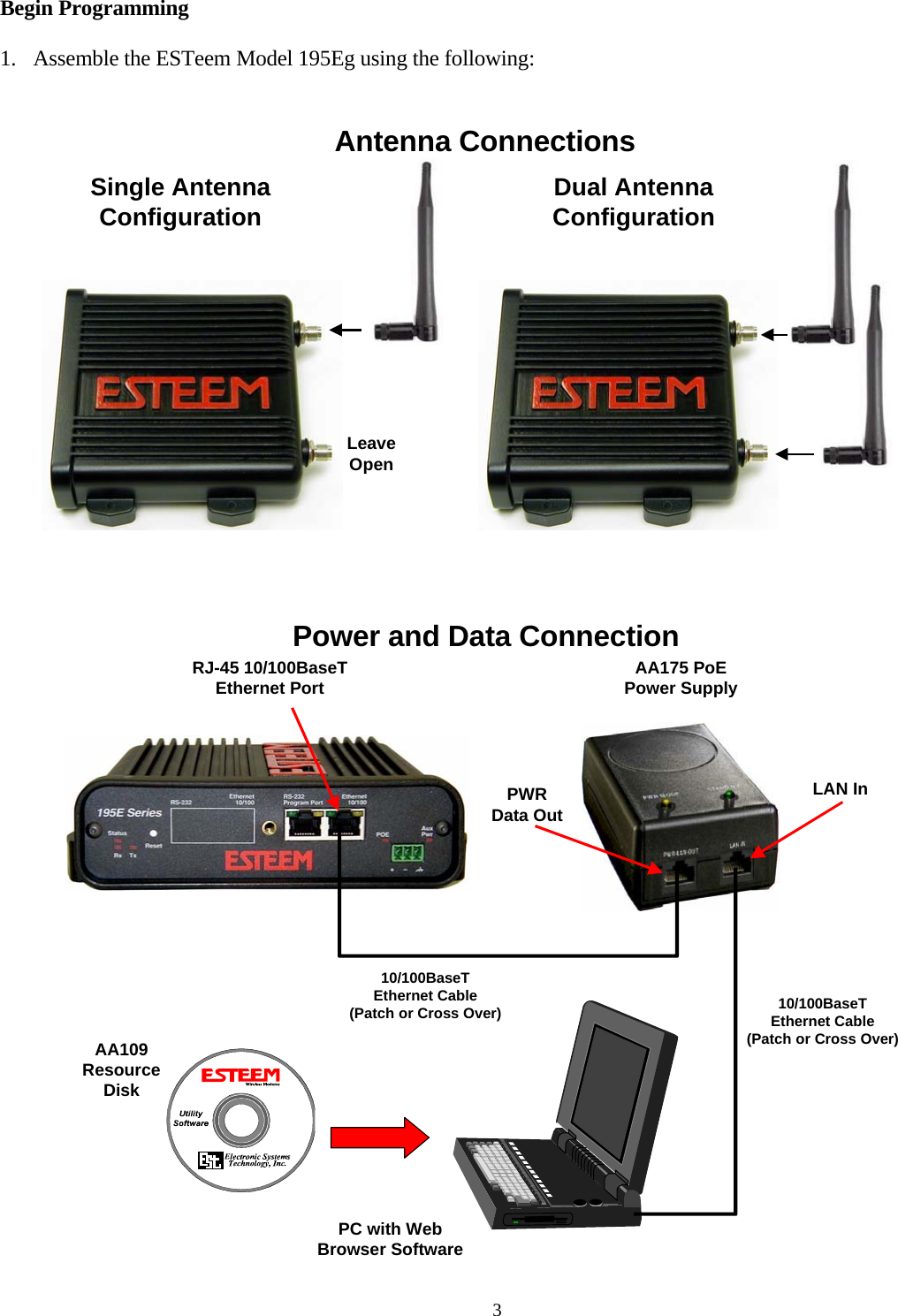 Begin Programming  1. Assemble the ESTeem Model 195Eg using the following:  Antenna Connections LeaveOpenSingle AntennaConfiguration Dual AntennaConfiguration  Power and Data Connection PC with WebBrowser SoftwareRJ-45 10/100BaseTEthernet Port10/100BaseTEthernet Cable(Patch or Cross Over)AA175 PoEPower SupplyLAN In10/100BaseTEthernet Cable(Patch or Cross Over)PWRData OutAA109ResourceDisk  3 