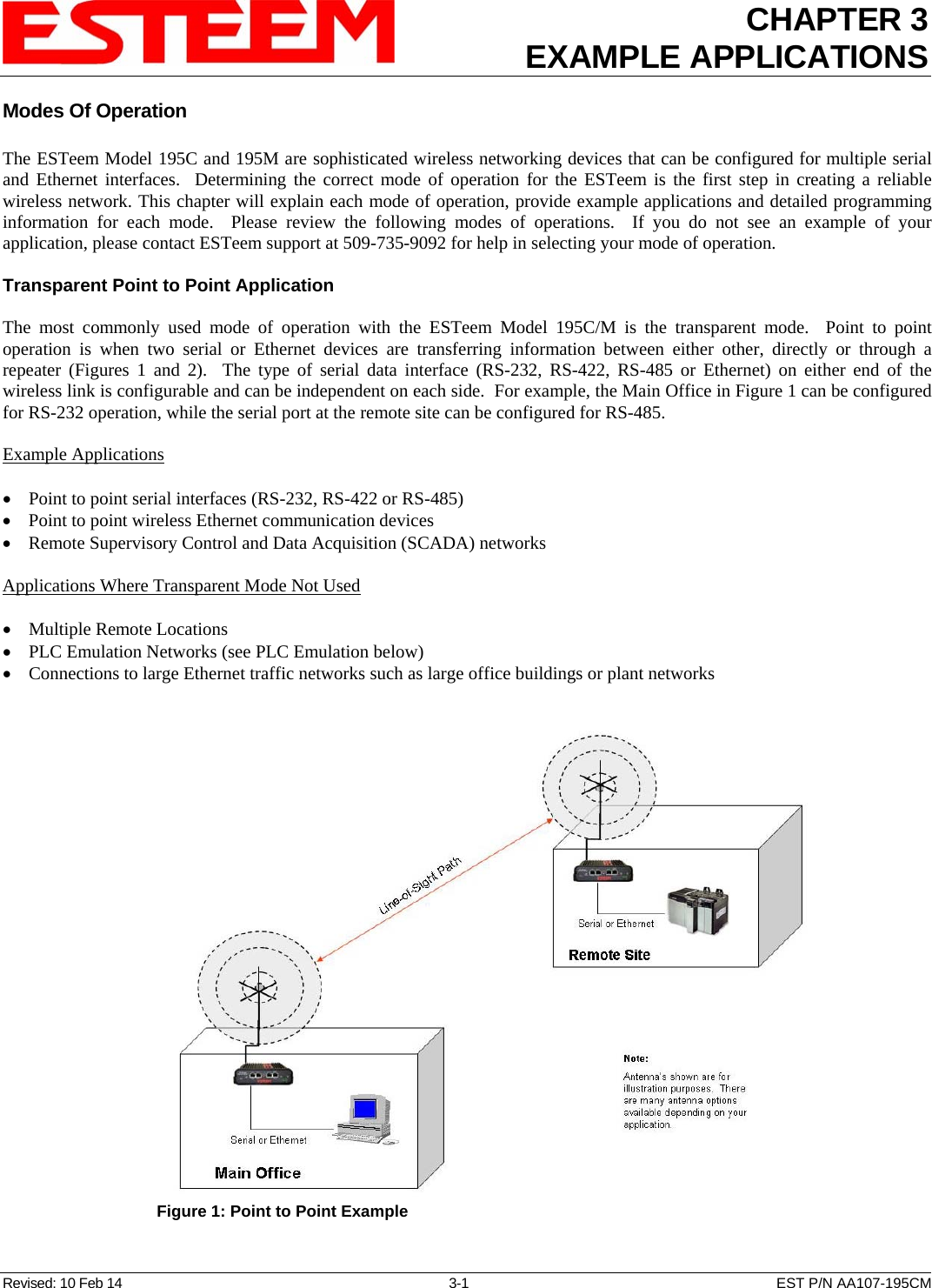 CHAPTER 3 EXAMPLE APPLICATIONS  Modes Of Operation  The ESTeem Model 195C and 195M are sophisticated wireless networking devices that can be configured for multiple serial and Ethernet interfaces.  Determining the correct mode of operation for the ESTeem is the first step in creating a reliable wireless network. This chapter will explain each mode of operation, provide example applications and detailed programming information for each mode.  Please review the following modes of operations.  If you do not see an example of your application, please contact ESTeem support at 509-735-9092 for help in selecting your mode of operation.  Transparent Point to Point Application  The most commonly used mode of operation with the ESTeem Model 195C/M is the transparent mode.  Point to point operation is when two serial or Ethernet devices are transferring information between either other, directly or through a repeater (Figures 1 and 2).  The type of serial data interface (RS-232, RS-422, RS-485 or Ethernet) on either end of the wireless link is configurable and can be independent on each side.  For example, the Main Office in Figure 1 can be configured for RS-232 operation, while the serial port at the remote site can be configured for RS-485.  Example Applications   Point to point serial interfaces (RS-232, RS-422 or RS-485)  Point to point wireless Ethernet communication devices  Remote Supervisory Control and Data Acquisition (SCADA) networks  Applications Where Transparent Mode Not Used   Multiple Remote Locations  PLC Emulation Networks (see PLC Emulation below)  Connections to large Ethernet traffic networks such as large office buildings or plant networks   Figure 1: Point to Point Example Revised: 10 Feb 14  3-1  EST P/N AA107-195CM 