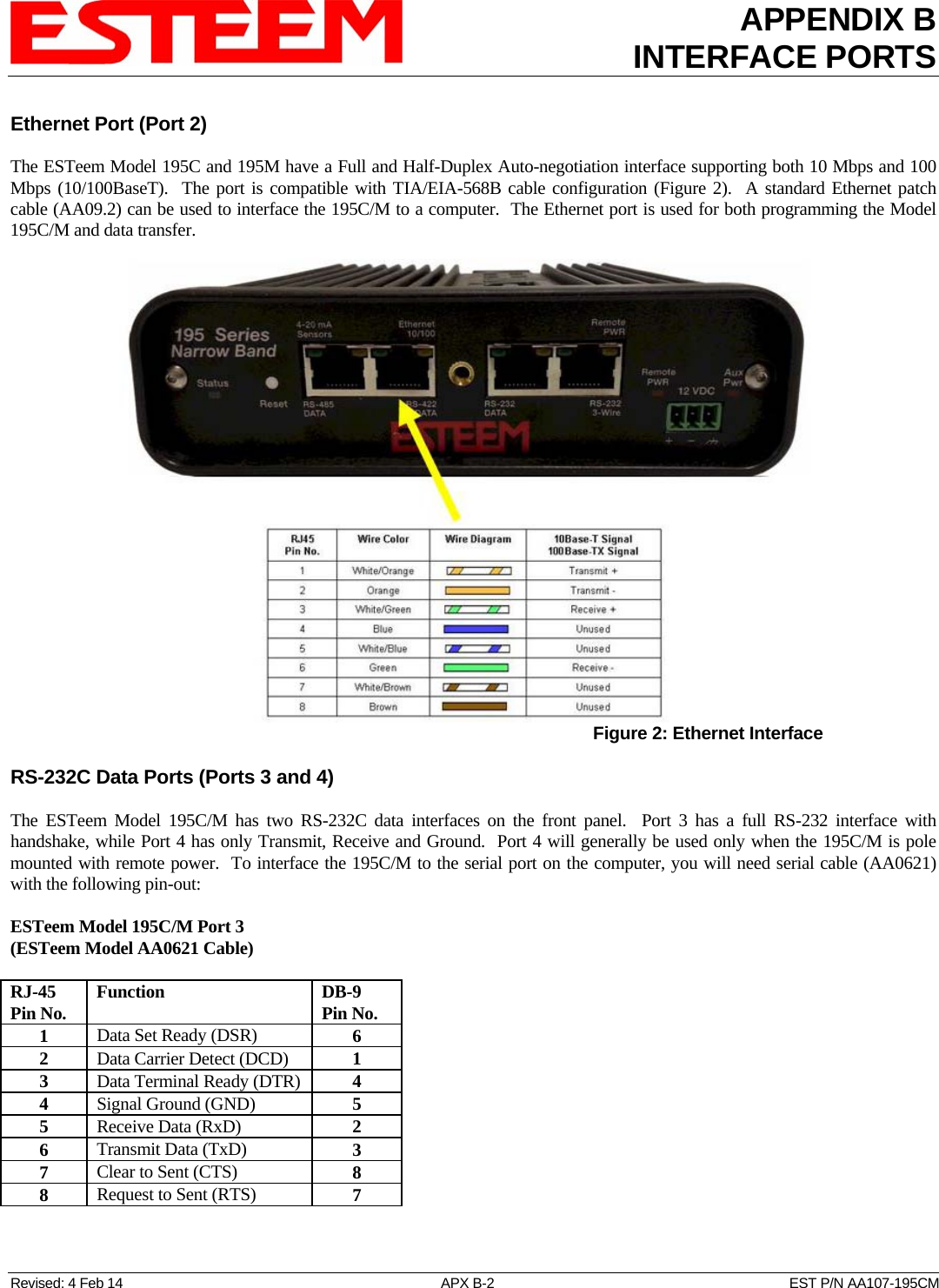 APPENDIX B INTERFACE PORTS   Revised: 4 Feb 14  APX B-2  EST P/N AA107-195CM Ethernet Port (Port 2)  The ESTeem Model 195C and 195M have a Full and Half-Duplex Auto-negotiation interface supporting both 10 Mbps and 100 Mbps (10/100BaseT).  The port is compatible with TIA/EIA-568B cable configuration (Figure 2).  A standard Ethernet patch cable (AA09.2) can be used to interface the 195C/M to a computer.  The Ethernet port is used for both programming the Model 195C/M and data transfer.  Figure 2: Ethernet Interface RS-232C Data Ports (Ports 3 and 4)  The ESTeem Model 195C/M has two RS-232C data interfaces on the front panel.  Port 3 has a full RS-232 interface with handshake, while Port 4 has only Transmit, Receive and Ground.  Port 4 will generally be used only when the 195C/M is pole mounted with remote power.  To interface the 195C/M to the serial port on the computer, you will need serial cable (AA0621) with the following pin-out:  ESTeem Model 195C/M Port 3 (ESTeem Model AA0621 Cable)  RJ-45 Pin No.  Function  DB-9 Pin No. 1  Data Set Ready (DSR)  6 2  Data Carrier Detect (DCD)  1 3  Data Terminal Ready (DTR)  4 4  Signal Ground (GND)  5 5  Receive Data (RxD)  2 6  Transmit Data (TxD)  3 7  Clear to Sent (CTS)  8 8  Request to Sent (RTS)  7  
