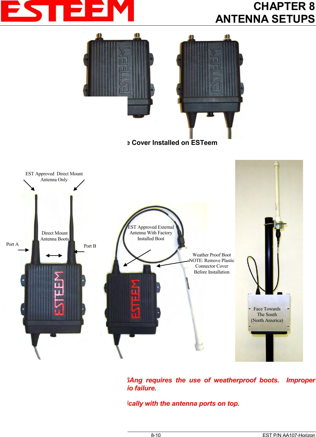 CHAPTER 8 ANTENNA SETUPS   Revised: 10 Mar 16  8-10   EST P/N AA107-Horizon                  Caution:  Outdoor  mounting  of  the  216Ang  requires  the  use  of  weatherproof  boots.    Improper installation could result in radio failure.  Caution: Always mount the 216Ang vertically with the antenna ports on top.                           Figure 12: Face Plate Cover Installed on ESTeem                               Figure 13: Completed AA195PM Mounts   Direct Mount Antenna Boots Port A EST Approved  Direct Mount Antenna Only Port B EST Approved External Antenna With Factory Installed Boot Weather Proof Boot NOTE: Remove Plastic Connector Cover Before Installation Face Towards The South (North America) 