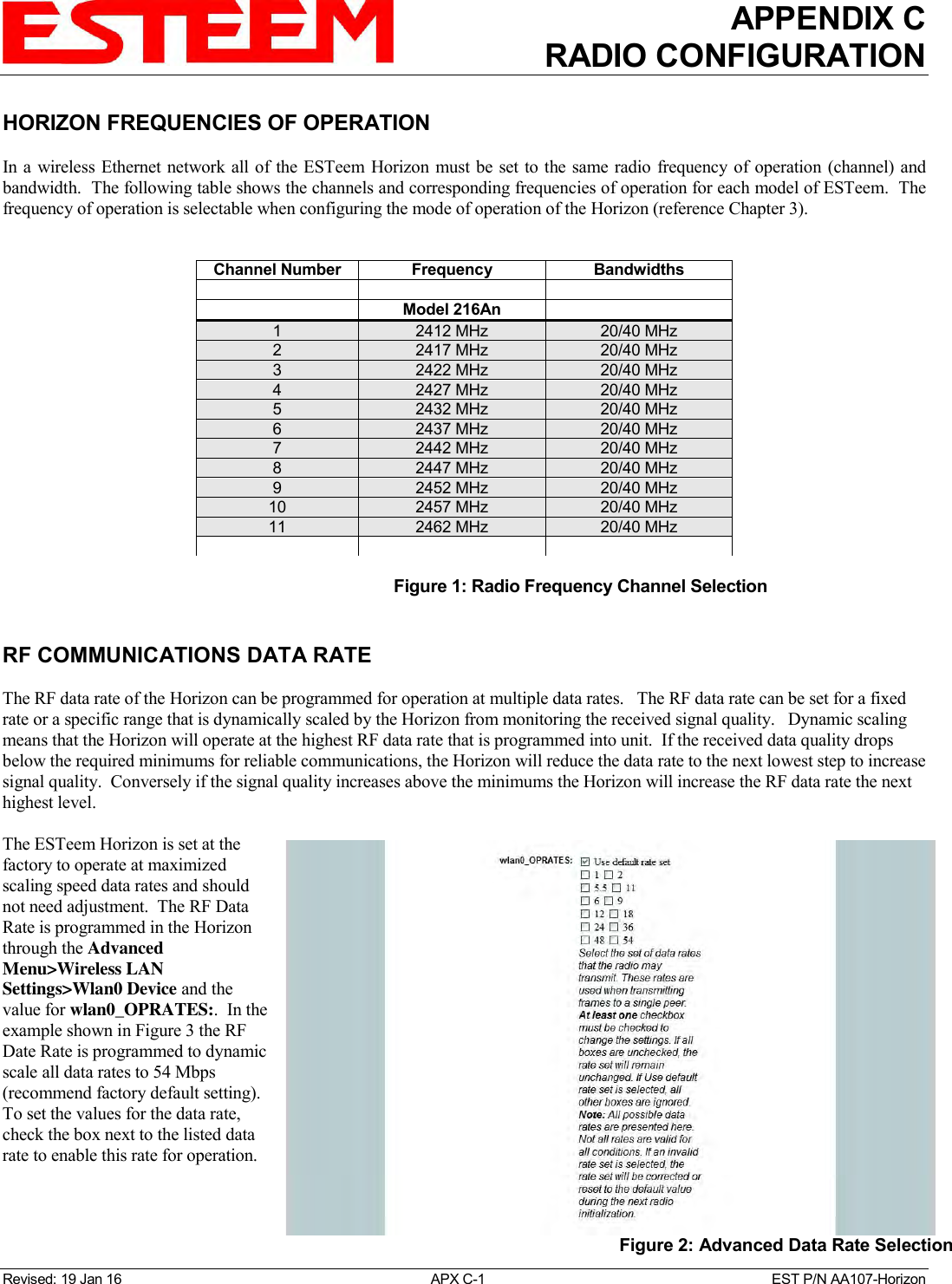 APPENDIX C RADIO CONFIGURATION   Revised: 19 Jan 16  APX C-1  EST P/N AA107-Horizon HORIZON FREQUENCIES OF OPERATION  In a wireless Ethernet network all of the  ESTeem  Horizon must  be set to  the same radio frequency  of operation  (channel) and bandwidth.  The following table shows the channels and corresponding frequencies of operation for each model of ESTeem.  The frequency of operation is selectable when configuring the mode of operation of the Horizon (reference Chapter 3).                                                                                               Figure 1: Radio Frequency Channel Selection    RF COMMUNICATIONS DATA RATE  The RF data rate of the Horizon can be programmed for operation at multiple data rates.   The RF data rate can be set for a fixed rate or a specific range that is dynamically scaled by the Horizon from monitoring the received signal quality.   Dynamic scaling means that the Horizon will operate at the highest RF data rate that is programmed into unit.  If the received data quality drops below the required minimums for reliable communications, the Horizon will reduce the data rate to the next lowest step to increase signal quality.  Conversely if the signal quality increases above the minimums the Horizon will increase the RF data rate the next highest level.  The ESTeem Horizon is set at the factory to operate at maximized scaling speed data rates and should not need adjustment.  The RF Data Rate is programmed in the Horizon through the Advanced Menu&gt;Wireless LAN Settings&gt;Wlan0 Device and the value for wlan0_OPRATES:.  In the example shown in Figure 3 the RF Date Rate is programmed to dynamic scale all data rates to 54 Mbps (recommend factory default setting).  To set the values for the data rate, check the box next to the listed data rate to enable this rate for operation.   Channel Number Frequency Bandwidths     Model 216An  1 2412 MHz 20/40 MHz 2 2417 MHz 20/40 MHz 3 2422 MHz 20/40 MHz 4 2427 MHz 20/40 MHz 5 2432 MHz 20/40 MHz 6 2437 MHz 20/40 MHz 7 2442 MHz 20/40 MHz 8 2447 MHz 20/40 MHz 9 2452 MHz 20/40 MHz 10 2457 MHz 20/40 MHz 11 2462 MHz 20/40 MHz     Figure 2: Advanced Data Rate Selection 