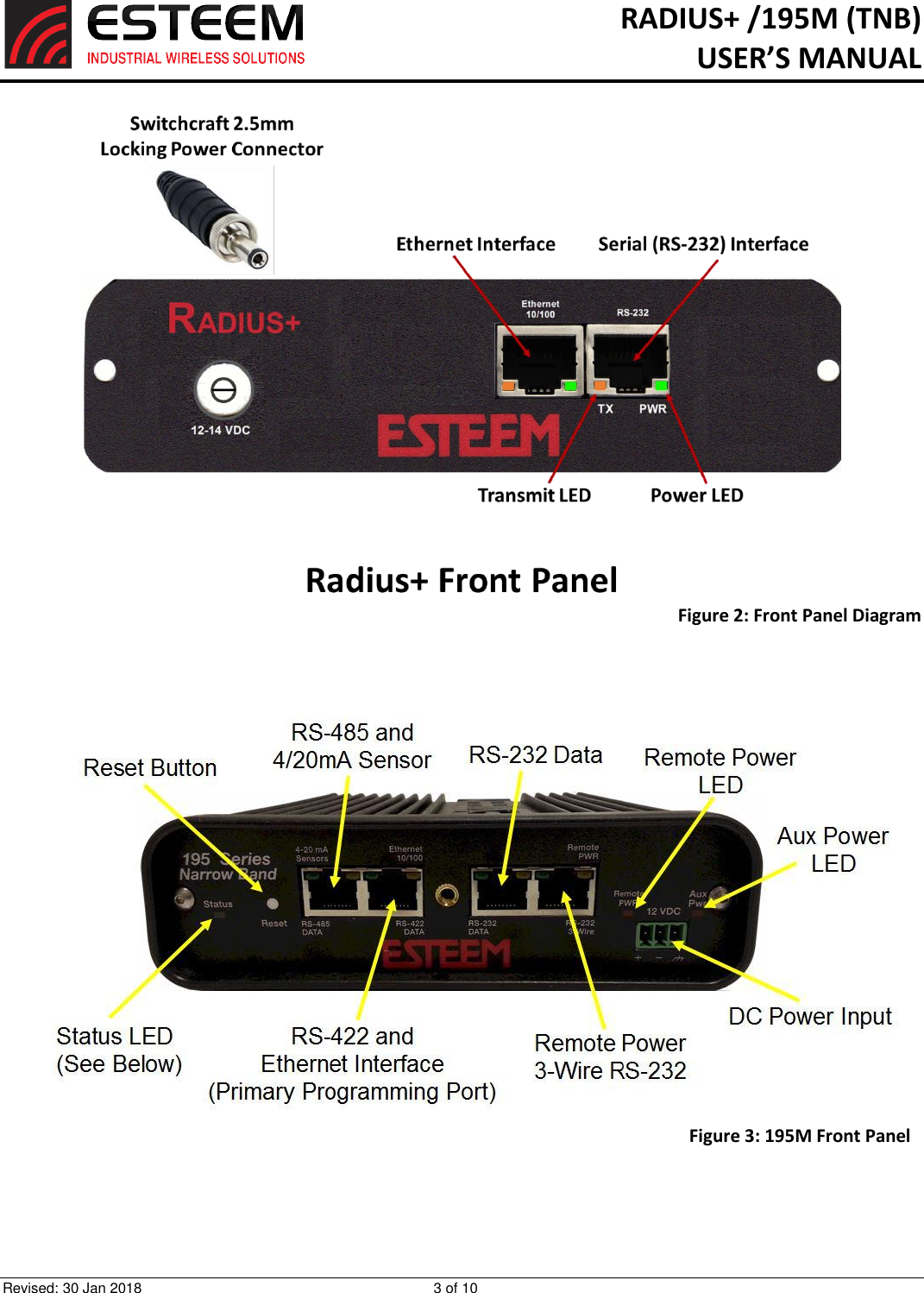 RADIUS+ /195M (TNB)  USER’S MANUAL  Revised: 30 Jan 2018  3 of 10  Figure 2: Front Panel Diagram       Figure 3: 195M Front Panel 