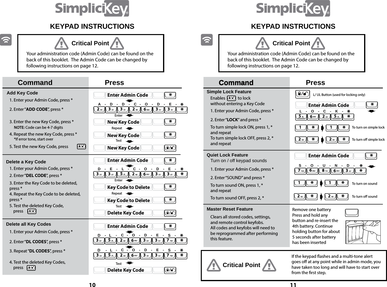 1110KEYPAD INSTRUCTIONS KEYPAD INSTRUCTIONSCommand CommandAdd Key CodeDelete a Key CodeDelete all Key Codes1. Enter your Admin Code, press *1. Enter your Admin Code, press *1. Enter your Admin Code, press *2. Enter &ldquo;ADD CODE&rdquo;, press *2. Enter &ldquo;DEL CODE&rdquo;, press *2. Enter &ldquo;DL CODES&rdquo;, press *3. Repeat &ldquo;DL CODES&rdquo;, press *4. Test the deleted Key Codes,     press 3. Enter the Key Code to be deleted,       press *4. Repeat the Key Code to be deleted,      press *5. Test the deleted Key Code,     press 3. Enter the new Key Code, press *NOTE: Code can be 4-7 digits*If error tone, start over 4. Repeat the new Key Code, press *5. Test the new Key Code, press Press PressYour administration code (Admin Code) can be found on the back of this booklet.  The Admin Code can be changed by following instructions on page 12.Your administration code (Admin Code) can be found on the back of this booklet.  The Admin Code can be changed by following instructions on page 12.A    -    D    -    D    -    C   -    O    -    D    -    E    -Enter Admin CodeEnter Admin CodeEnter Admin CodeEnterEnterRepeatRepeatTestTestTestNew Key CodeKey Code to DeleteNew Key CodeKey Code to DeleteNew Key CodeDelete Key CodeDelete Key CodeD    -    E    -    L    -    C   -    O    -    D    -    E    -    -    C   -    O    -    D    -    E    -    -    C   -    O    -    D    -    E    -CommandSimple Lock FeatureQuiet Lock FeatureMaster Reset FeatureEnables             to lockwithout entering a Key CodeTurn on / off keypad sounds Clears all stored codes, settings, and remote control keyfobs.  All codes and keyfobs will need to be reprogrammed after performing this feature.Remove one battery Press and hold any button and re-insert the 4th battery. Continue holding button for about 5 seconds after battery has been insertedIf the keypad ashes and a multi-tone alert goes o at any point while in admin mode, you have taken too long and will have to start over from the rst step.1. Enter your Admin Code, press *1. Enter your Admin Code, press * 2. Enter &ldquo;SOUND&rdquo; and press *To turn sound ON, press 1, * and repeatTo turn sound OFF, press 2, *2. Enter &ldquo;LOCK&rdquo; and press *To turn simple lock ON, press 1, * and repeatTo turn simple lock OFF, press 2, *and repeatEnter Admin CodeL/ UL Button (used for locking only)To turn on simple lock To turn o simple lockTo turn on soundTo turn o soundL    -    O    -    C    -    K    -Enter Admin CodeS    -    O    -    U    -    N    -    D    -Critical PointCritical Point Critical PointS --D     -   LSD    -   L