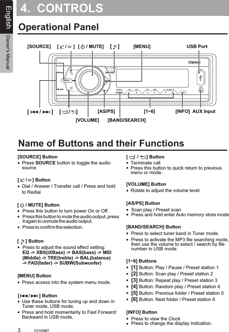 SOURCEAS/PS4.  CONTROLSEnglish Owner’s ManualFZ105BT3[     /    ] Button [VOLUME] Button[AS/PS] Button[INFO] Button[BAND/SEARCH] Button[1~6] Buttons[MENU] Button[SOURCE] [MENU] USB Port[     / MUTE] [    ][       /       ] [     /    ][VOLUME][AS/PS][BAND/SEARCH][1~6] [INFO] AUX Input    Operational PanelName of Buttons and their FunctionsPress this button to turn power On or Off.Press to adjust the sound effect setting:EQ -&gt; XBS(iXBass) -&gt; BAS(bass) -&gt; MID(Middle) -&gt; TRE(treble) -&gt; BAL(balance)-&gt; FAD(fader) -&gt; SUBW(Subwoofer)Press this button to mute the audio output, pressit again to unmute the audio output.Press to confirm the selection.Press SOURCE button to toggle the audio sourceTerminate callPress this button to quick return to previous menu or mode. Dial / Answer / Transfer call / Press and holdto Redial Rotate to adjust the volume level.Press access into the system menu mode.Use these buttons for tuning up and down in Tuner mode, USB mode.Press and hold momentarily to Fast Forward/Backward in USB mode.33[     / MUTE] Button[     ] Button[SOURCE] Button [       /      ] Button[     /     ][       /       ] ButtonScan play / Preset scanPress and hold enter Auto memory store modePress to view the ClockPress to change the display indication.Press to select tuner band in Tuner mode.[1] Button: Play / Pause / Preset station 1[2] Button: Scan play / Preset station 2[3] Button: Repeat play / Preset station 3[4] Button: Random play / Preset station 4[5] Button: Previous folder / Preset station 5[6] Button: Next folder / Preset station 6Press to activate the MP3 file searching mode,then use the volume to select / search by file number in USB mode.