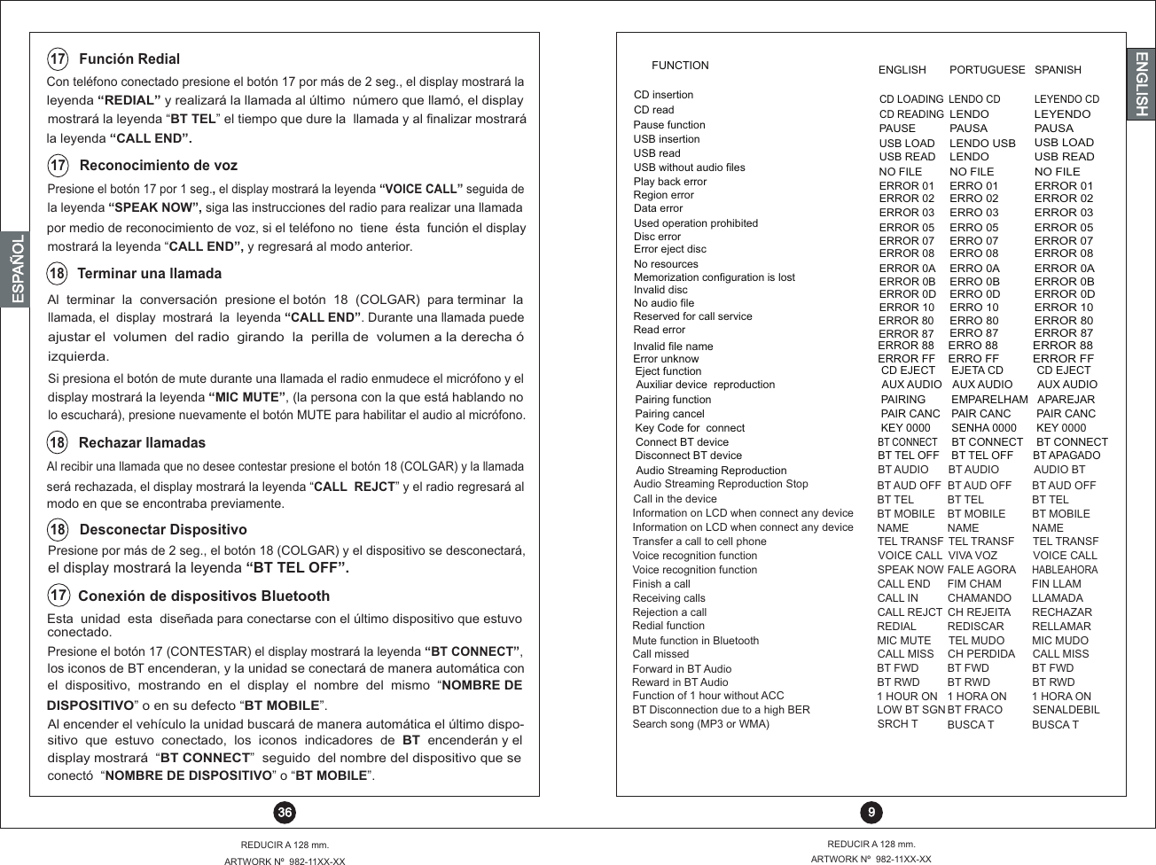 ENGLISH PORTUGUESE SPANISHCD insertion CD LOADINGLEYENDO CDLENDO CDCD readUSB insertionPause function USB readUSB without audio filesPlay back errorRegion errorData errorInvalid discError eject discRead errorUsed operation prohibitedNo audio fileNo resourcesCD READINGPAUSEUSB LOADUSB READNO FILEERROR 01ERROR 02ERROR 03ERROR 0DERROR 08ERROR 87ERROR 05ERROR 10ERROR 0ALENDO PAUSALENDO USBLENDONO FILEERRO 01ERRO 02ERRO 03ERRO 0DERRO 08ERRO 87ERRO 05ERRO 10ERRO 0ALEYENDOPAUSAUSB LOADUSB READNO FILEERROR 01ERROR 02ERROR 03ERROR 0DERROR 08ERROR 87ERROR 05ERROR 10ERROR 0ADisc errorReserved for call serviceMemorization configuration is lostERROR 07ERROR 80ERROR 0BERRO 07ERRO 80ERRO 0BERROR 07ERROR 80ERROR 0B 9REDUCIR A 128 mm.ARTWORK Nº  982-11XX-XXREDUCIR A 128 mm. 36ENGLISHENGLISHENGLISHESPAÑOLFunción Redial17Con teléfono conectado presione el botón 17 por más de 2 seg., el display mostrará laleyenda “REDIAL” y realizará la llamada al último  número que llamó, el displaymostrará la leyenda “BT TEL” el tiempo que dure la  llamada y al finalizar mostrarála leyenda “CALL END”.ARTWORK Nº  982-11XX-XXReconocimiento de voz17Presione el botón 17 por 1 seg., el display mostrará la leyenda “VOICE CALL” seguida dela leyenda “SPEAK NOW”, siga las instrucciones del radio para realizar una llamadapor medio de reconocimiento de voz, si el teléfono no  tiene  ésta  función el displaymostrará la leyenda “CALL END”, y regresará al modo anterior.Audio Streaming Reproduction StopCall in the device BT AUD OFF BT AUD OFF BT AUD OFFBT TEL BT TEL BT TELInformation on LCD when connect any device BT MOBILE BT MOBILE BT MOBILEInformation on LCD when connect any device  NAME NAME NAMETransfer a call to cell phone TEL TRANSF TEL TRANSF TEL TRANSFVoice recognition function  VOICE CALL VIVA VOZ VOICE CALLVoice recognition function  SPEAK NOW FALE AGORAHABLEAHORAFinish a call CALL END FIM CHAM FIN LLAMReceiving calls CALL IN CHAMANDO  LLAMADARejection a call CALL REJCT CH REJEITA RECHAZARRedial function  REDIAL REDISCAR RELLAMARMute function in Bluetooth MIC MUTE TEL MUDO  MIC MUDO Call missedBT Disconnection due to a high BERCALL MISSLOW BT SGNCH PERDIDABT FRACOCALL MISSSENALDEBILForward in BT Audio BT FWD BT FWD BT FWDReward in BT Audio  Search song (MP3 or WMA) BT RWDSRCH TBT RWDBUSCA TBT RWDBUSCA TFunction of 1 hour without ACC 1 HOUR ON 1 HORA ON 1 HORA ONFUNCTIONPairing cancel PAIR CANC PAIR CANC  PAIR CANCKey Code for  connect KEY 0000 SENHA 0000 KEY 0000Connect BT deviceBT CONNECT BT CONNECT  BT CONNECT Audio Streaming Reproduction Disconnect BT deviceBT TEL OFF BT TEL OFF BT APAGADOBT AUDIO BT AUDIO AUDIO BTInvalid file nameERROR 88ERRO 88ERROR 88Error unknowERROR FFERRO FFERROR FFEject function CD EJECT EJETA CD CD EJECTAuxiliar device  reproduction AUX AUDIO AUX AUDIO AUX AUDIOPairing function  PAIRING EMPARELHAM APAREJARAl recibir una llamada que no desee contestar presione el botón 18 (COLGAR) y la llamadamodo en que se encontraba previamente.Rechazar llamadas18será rechazada, el display mostrará la leyenda “CALL  REJCT” y el radio regresará alllamada, el  display  mostrará  la  leyenda “CALL END”. Durante una llamada puede Si presiona el botón de mute durante una llamada el radio enmudece el micrófono y elajustar el  volumen  del radio  girando  la  perilla de  volumen a la derecha ódisplay mostrará la leyenda “MIC MUTE”, (la persona con la que está hablando nolo escuchará), presione nuevamente el botón MUTE para habilitar el audio al micrófono.Terminar una llamada18Al  terminar  la  conversación  presione el botón  18  (COLGAR)  para terminar  laizquierda.Presione por más de 2 seg., el botón 18 (COLGAR) y el dispositivo se desconectará,el display mostrará la leyenda “BT TEL OFF”.Desconectar Dispositivo18conectó  “NOMBRE DE DISPOSITIVO” o   “BT MOBILE”.display mostrará  “BT CONNECT”  seguido  del nombre del dispositivo que se sitivo  que  estuvo  conectado,  los  iconos  indicadores  de  BT  encenderán y elAl encender el vehículo la unidad buscará de manera automática el último dispo-el  dispositivo,  mostrando  en  el  display  el  nombre  del  mismo  “NOMBRE DElos iconos de BT encenderan, y la unidad se conectará de manera automática conPresione el botón 17 (CONTESTAR) el display mostrará la leyenda “BT CONNECT”,conectado.Esta  unidad  esta  diseñada para conectarse con el último dispositivo que estuvo DISPOSITIVO” o en su defecto “BT MOBILE”.17Conexión de dispositivos Bluetooth