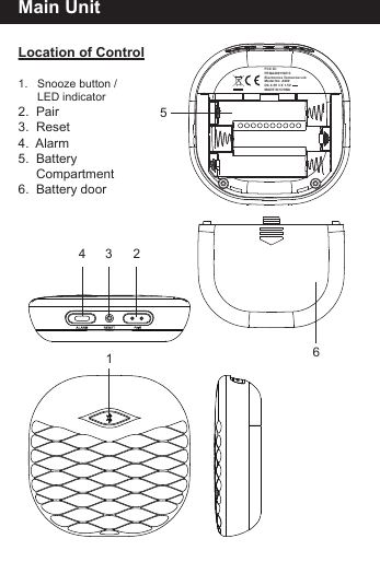 Main UnitLocation of Control1.   Snooze button /       LED indicator2.  Pair3.  Reset4.  Alarm5.  Battery     Compartment6.  Battery door654 3 21FCC ID: PEQA480110813Electronics Tomorrow Ltd.Model No: A480DC 4.5V 3 X 1.5V - - -MADE IN CHINA