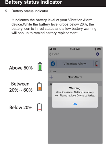 Battery status indicator5.     Battery status indicator     It indicates the battery level of your Vibration Alarm         device.While the battery level drops below 20%, the         battery icon is in red status and a low battery warning        will pop up to remind battery replacement.Above 60%Between 20% ~ 60%Below 20%