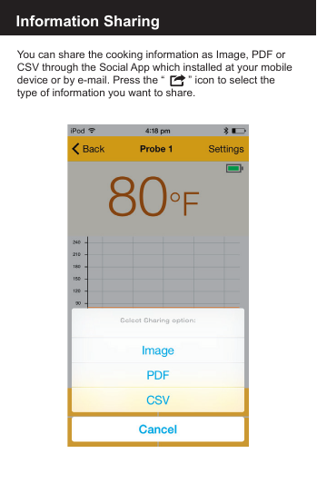 Information SharingYou can share the cooking information as Image, PDF or CSV through the Social App which installed at your mobiledevice or by e-mail. Press the &ldquo;        &rdquo; icon to select the type of information you want to share.