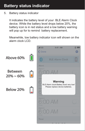 Battery status indicator5.     Battery status indicator     It indicates the battery level of your  BLE Alarm Clock       device. While the battery level drops below 20%, the        battery icon is in red status and a low battery warning         will pop up for to remind  battery replacement.      Meanwhile, low battery indicator icon will shown on the       alarm clock LCD.Above 60%Between 20% ~ 60%Below 20%WarningBLE Alarm clock:Battery level very low!Please replace device batteries.