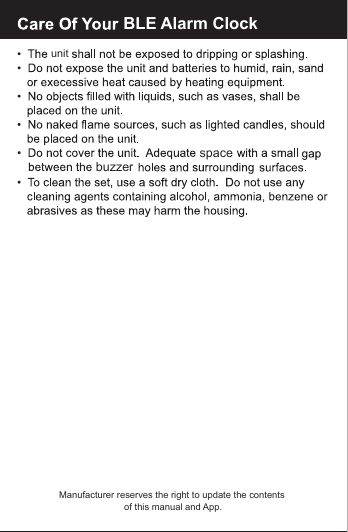 BLE Alarm ClockunitspacebuzzerManufacturer reserves the right to update the contents of this manual and App.