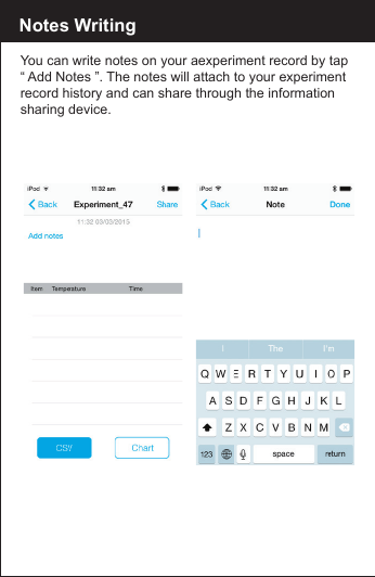Notes WritingYou can write notes on your aexperiment record by tap&ldquo; Add Notes &rdquo;. The notes will attach to your experiment record history and can share through the information sharing device.