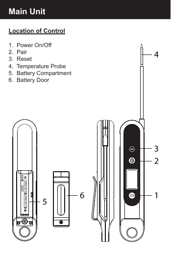 Location of Control1.  Power On/Off2.  Pair 3.  Reset4.  Temperature Probe5.  Battery Compartment6.  Battery DoorMain Unit165234