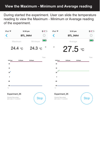 During started the experiment. User can slide the temperaturereading to view the Maximum - Minimum or Average readingof the experiment.View the Maximum - Minimum and Average reading