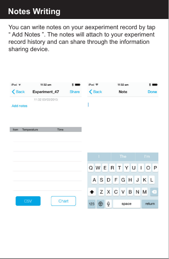 Notes WritingYou can write notes on your aexperiment record by tap&ldquo; Add Notes &rdquo;. The notes will attach to your experiment record history and can share through the information sharing device.