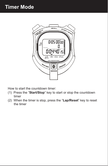 Timer Mode   How to start the countdown timer:   (1)  Press the &ldquo;Start/Stop&rdquo; key to start or stop the countdown          timer   (2)  When the timer is stop, press the &ldquo;Lap/Reset&rdquo; key to reset          the timer