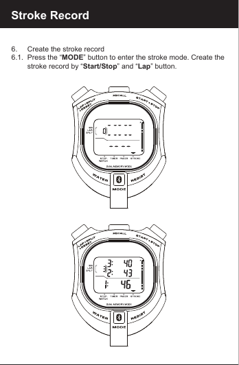 Stroke Record6.     Create the stroke record6.1.  Press the &ldquo;MODE&rdquo; button to enter the stroke mode. Create the                 stroke record by &ldquo;Start/Stop&rdquo; and &ldquo;Lap&rdquo; button.
