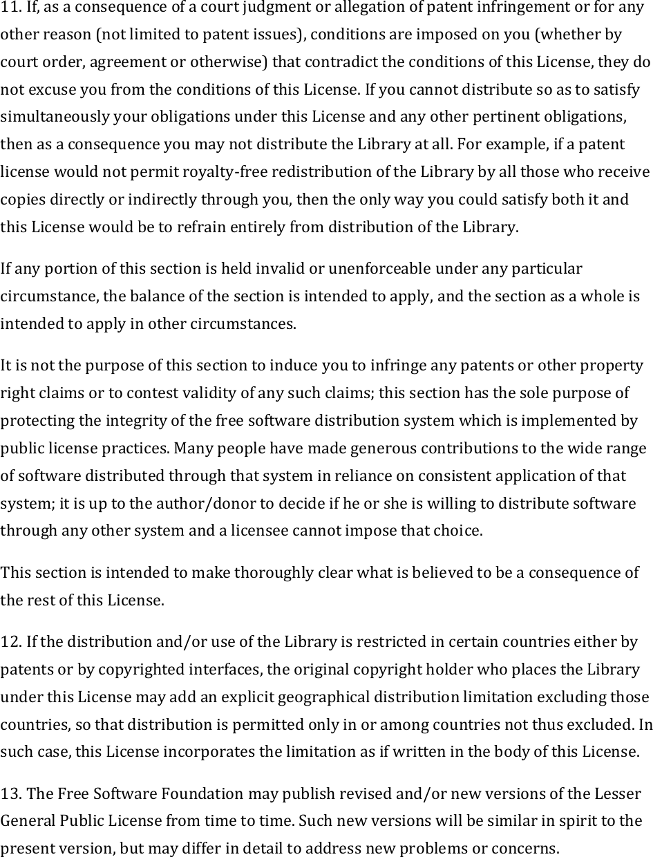 11.If,asaconsequenceofacourtjudgmentorallegationofpatentinfringementorforanyotherreason(notlimitedtopatentissues),conditionsareimposedonyou(whetherbycourtorder,agreementorotherwise)thatcontradicttheconditionsofthisLicense,theydonotexcuseyoufromtheconditionsofthisLicense.IfyoucannotdistributesoastosatisfysimultaneouslyyourobligationsunderthisLicenseandanyotherpertinentobligations,thenasaconsequenceyoumaynotdistributetheLibraryatall.Forexample,ifapatentlicensewouldnotpermitroyalty‐freeredistributionoftheLibrarybyallthosewhoreceivecopiesdirectlyorindirectlythroughyou,thentheonlywayyoucouldsatisfybothitandthisLicensewouldbetorefrainentirelyfromdistributionoftheLibrary.Ifanyportionofthissectionisheldinvalidorunenforceableunderanyparticularcircumstance,thebalanceofthesectionisintendedtoapply,andthesectionasawholeisintendedtoapplyinothercircumstances.Itisnotthepurposeofthissectiontoinduceyoutoinfringeanypatentsorotherpropertyrightclaimsortocontestvalidityofanysuchclaims;thissectionhasthesolepurposeofprotectingtheintegrityofthefreesoftwaredistributionsystemwhichisimplementedbypubliclicensepractices.Manypeoplehavemadegenerouscontributionstothewiderangeofsoftwaredistributedthroughthatsysteminrelianceonconsistentapplicationofthatsystem;itisuptotheauthor/donortodecideifheorsheiswillingtodistributesoftwarethroughanyothersystemandalicenseecannotimposethatchoice.ThissectionisintendedtomakethoroughlyclearwhatisbelievedtobeaconsequenceoftherestofthisLicense.12.Ifthedistributionand/oruseoftheLibraryisrestrictedincertaincountrieseitherbypatentsorbycopyrightedinterfaces,theoriginalcopyrightholderwhoplacestheLibraryunderthisLicensemayaddanexplicitgeographicaldistributionlimitationexcludingthosecountries,sothatdistributionispermittedonlyinoramongcountriesnotthusexcluded.Insuchcase,thisLicenseincorporatesthelimitationasifwritteninthebodyofthisLicense.13.TheFreeSoftwareFoundationmaypublishrevisedand/ornewversionsoftheLesserGeneralPublicLicensefromtimetotime.Suchnewversionswillbesimilarinspirittothepresentversion,butmaydifferindetailtoaddressnewproblemsorconcerns.