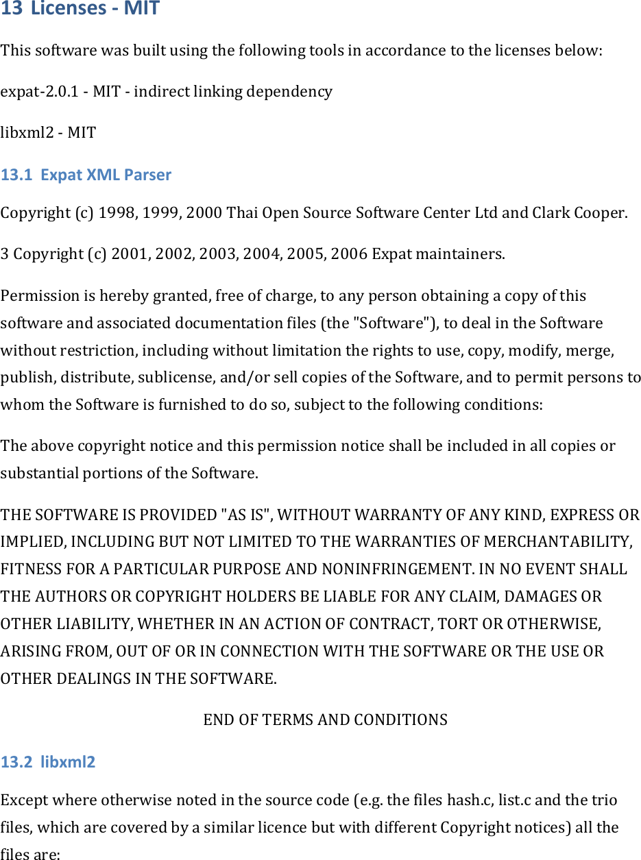 13 Licenses‐MITThissoftwarewasbuiltusingthefollowingtoolsinaccordancetothelicensesbelow:expat‐2.0.1‐MIT‐indirectlinkingdependencylibxml2‐MIT13.1 ExpatXMLParserCopyright(c)1998,1999,2000ThaiOpenSourceSoftwareCenterLtdandClarkCooper.3Copyright(c)2001,2002,2003,2004,2005,2006Expatmaintainers.Permissionisherebygranted,freeofcharge,toanypersonobtainingacopyofthissoftwareandassociateddocumentationfiles(the&quot;Software&quot;),todealintheSoftwarewithoutrestriction,includingwithoutlimitationtherightstouse,copy,modify,merge,publish,distribute,sublicense,and/orsellcopiesoftheSoftware,andtopermitpersonstowhomtheSoftwareisfurnishedtodoso,subjecttothefollowingconditions:TheabovecopyrightnoticeandthispermissionnoticeshallbeincludedinallcopiesorsubstantialportionsoftheSoftware.THESOFTWAREISPROVIDED&quot;ASIS&quot;,WITHOUTWARRANTYOFANYKIND,EXPRESSORIMPLIED,INCLUDINGBUTNOTLIMITEDTOTHEWARRANTIESOFMERCHANTABILITY,FITNESSFORAPARTICULARPURPOSEANDNONINFRINGEMENT.INNOEVENTSHALLTHEAUTHORSORCOPYRIGHTHOLDERSBELIABLEFORANYCLAIM,DAMAGESOROTHERLIABILITY,WHETHERINANACTIONOFCONTRACT,TORTOROTHERWISE,ARISINGFROM,OUTOFORINCONNECTIONWITHTHESOFTWAREORTHEUSEOROTHERDEALINGSINTHESOFTWARE.ENDOFTERMSANDCONDITIONS13.2 libxml2Exceptwhereotherwisenotedinthesourcecode(e.g.thefileshash.c,list.candthetriofiles,whicharecoveredbyasimilarlicencebutwithdifferentCopyrightnotices)allthefilesare: