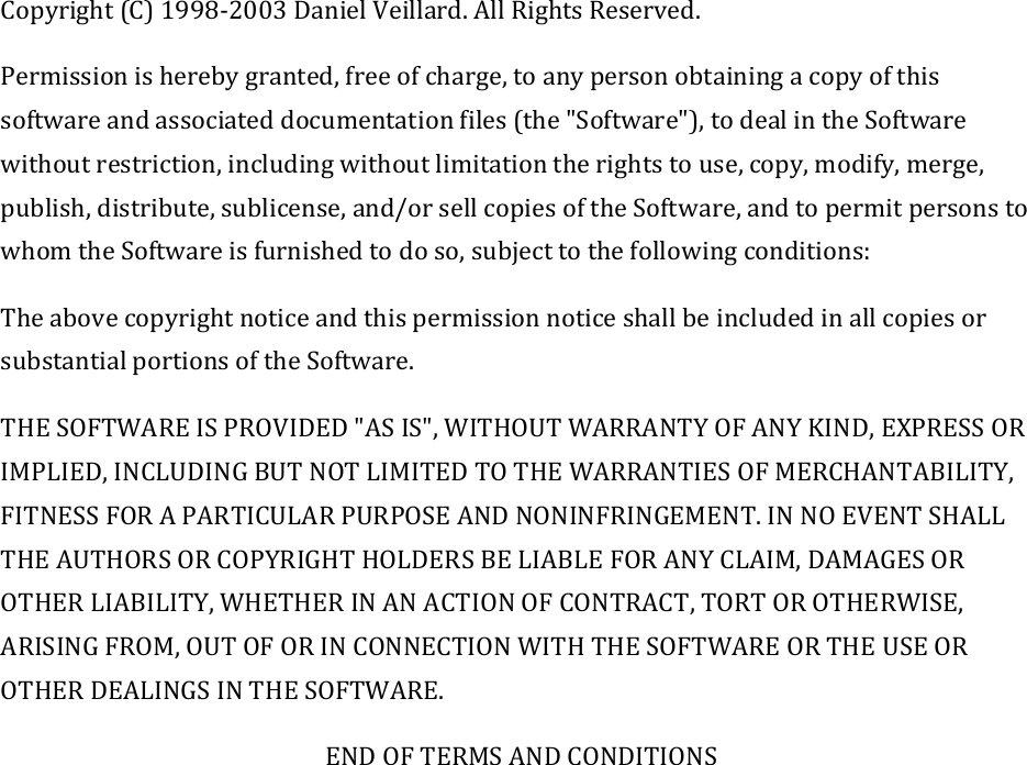 Copyright(C)1998‐2003DanielVeillard.AllRightsReserved.Permissionisherebygranted,freeofcharge,toanypersonobtainingacopyofthissoftwareandassociateddocumentationfiles(the&quot;Software&quot;),todealintheSoftwarewithoutrestriction,includingwithoutlimitationtherightstouse,copy,modify,merge,publish,distribute,sublicense,and/orsellcopiesoftheSoftware,andtopermitpersonstowhomtheSoftwareisfurnishedtodoso,subjecttothefollowingconditions:TheabovecopyrightnoticeandthispermissionnoticeshallbeincludedinallcopiesorsubstantialportionsoftheSoftware.THESOFTWAREISPROVIDED&quot;ASIS&quot;,WITHOUTWARRANTYOFANYKIND,EXPRESSORIMPLIED,INCLUDINGBUTNOTLIMITEDTOTHEWARRANTIESOFMERCHANTABILITY,FITNESSFORAPARTICULARPURPOSEANDNONINFRINGEMENT.INNOEVENTSHALLTHEAUTHORSORCOPYRIGHTHOLDERSBELIABLEFORANYCLAIM,DAMAGESOROTHERLIABILITY,WHETHERINANACTIONOFCONTRACT,TORTOROTHERWISE,ARISINGFROM,OUTOFORINCONNECTIONWITHTHESOFTWAREORTHEUSEOROTHERDEALINGSINTHESOFTWARE.ENDOFTERMSANDCONDITIONS