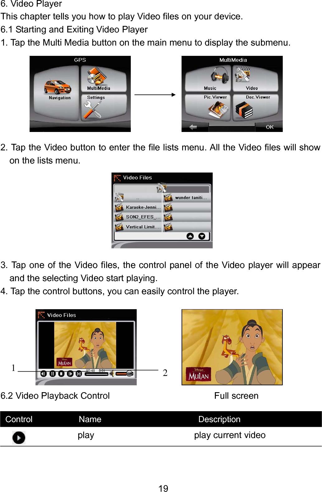  196. Video Player This chapter tells you how to play Video files on your device. 6.1 Starting and Exiting Video Player 1. Tap the Multi Media button on the main menu to display the submenu.        2. Tap the Video button to enter the file lists menu. All the Video files will show on the lists menu.            3. Tap one of the Video files, the control panel of the Video player will appear     and the selecting Video start playing. 4. Tap the control buttons, you can easily control the player.        6.2 Video Playback Control                       Full screen                    play                      play current video              Control           Name                       Description 2 1 