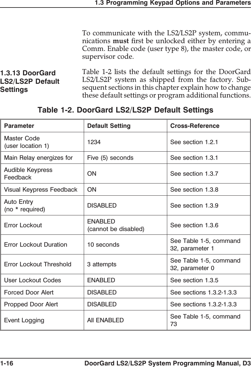To communicate with the LS2/LS2P system, commu-nications must first be unlocked either by entering aComm. Enable code (user type 8), the master code, orsupervisor code.1.3.13 DoorGardLS2/LS2P DefaultSettingsTable 1-2 lists the default settings for the DoorGardLS2/LS2P system as shipped from the factory. Sub-sequent sections in this chapter explain how to changethese default settings or program additional functions.Table 1-2. DoorGard LS2/LS2P Default SettingsParameter Default Setting Cross-ReferenceMaster Code(user location 1) 1234 See section 1.2.1Main Relay energizes for Five (5) seconds See section 1.3.1Audible KeypressFeedback ON See section 1.3.7Visual Keypress Feedback ON See section 1.3.8Auto Entry(no * required) DISABLED See section 1.3.9Error Lockout ENABLED(cannot be disabled) See section 1.3.6Error Lockout Duration 10 seconds See Table 1-5, command32, parameter 1Error Lockout Threshold 3 attempts See Table 1-5, command32, parameter 0User Lockout Codes ENABLED See section 1.3.5Forced Door Alert DISABLED See sections 1.3.2-1.3.3Propped Door Alert DISABLED See sections 1.3.2-1.3.3Event Logging All ENABLED See Table 1-5, command731.3 Programming Keypad Options and Parameters1-16 DoorGard LS2/LS2P System Programming Manual, D3