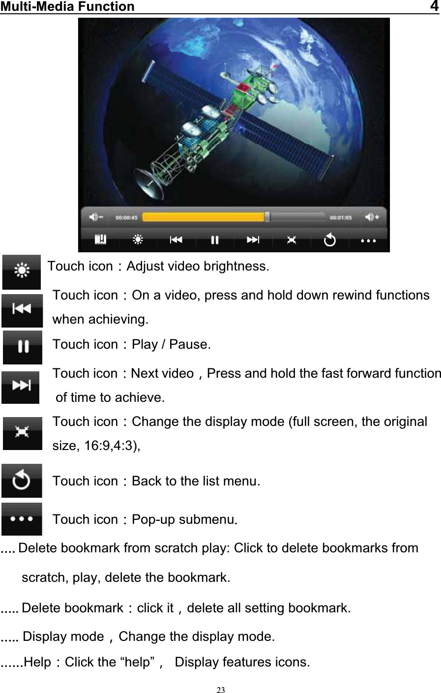   23Multi-Media Function   Touch icon Adjust video brightness.  Touch icon On a video, press and hold down rewind functions   when achieving. Touch icon Play / Pause.  Touch icon Next video Press and hold the fast forward function of time to achieve.  Touch icon Change the display mode (full screen, the original size, 16:9,4:3), Touch icon Back to the list menu. Touch icon Pop-up submenu Delete bookmark from scratch play: Click to delete bookmarks from scratch, play, delete the bookmark. Delete bookmark click it delete all setting bookmark.  Display mode Change the display mode.Help Click the “help”  Display features icons. 