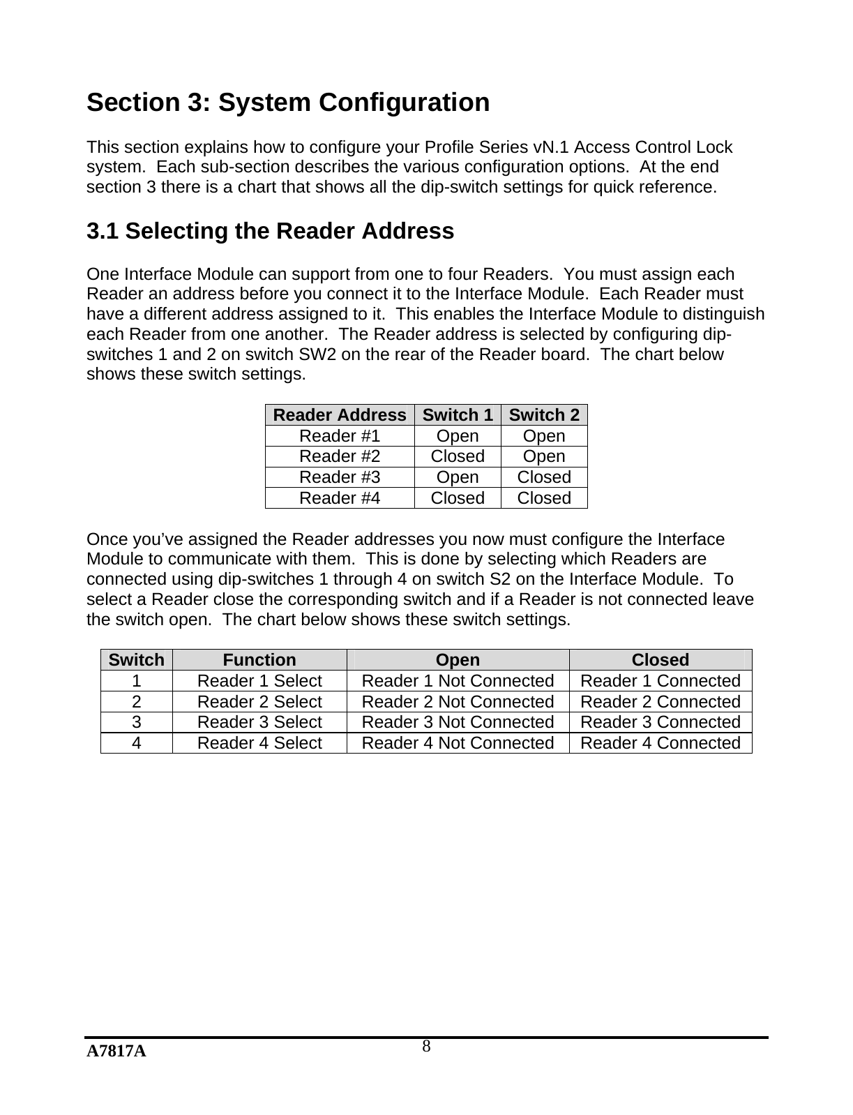 A7817A  8Section 3: System Configuration  This section explains how to configure your Profile Series vN.1 Access Control Lock system.  Each sub-section describes the various configuration options.  At the end section 3 there is a chart that shows all the dip-switch settings for quick reference.  3.1 Selecting the Reader Address  One Interface Module can support from one to four Readers.  You must assign each Reader an address before you connect it to the Interface Module.  Each Reader must have a different address assigned to it.  This enables the Interface Module to distinguish each Reader from one another.  The Reader address is selected by configuring dip-switches 1 and 2 on switch SW2 on the rear of the Reader board.  The chart below shows these switch settings.  Reader Address Switch 1 Switch 2Reader #1  Open  Open Reader #2  Closed  Open Reader #3  Open  Closed Reader #4  Closed  Closed  Once you’ve assigned the Reader addresses you now must configure the Interface Module to communicate with them.  This is done by selecting which Readers are connected using dip-switches 1 through 4 on switch S2 on the Interface Module.  To select a Reader close the corresponding switch and if a Reader is not connected leave the switch open.  The chart below shows these switch settings.  Switch  Function  Open  Closed 1  Reader 1 Select  Reader 1 Not Connected  Reader 1 Connected 2  Reader 2 Select  Reader 2 Not Connected  Reader 2 Connected 3  Reader 3 Select  Reader 3 Not Connected  Reader 3 Connected 4  Reader 4 Select  Reader 4 Not Connected  Reader 4 Connected              