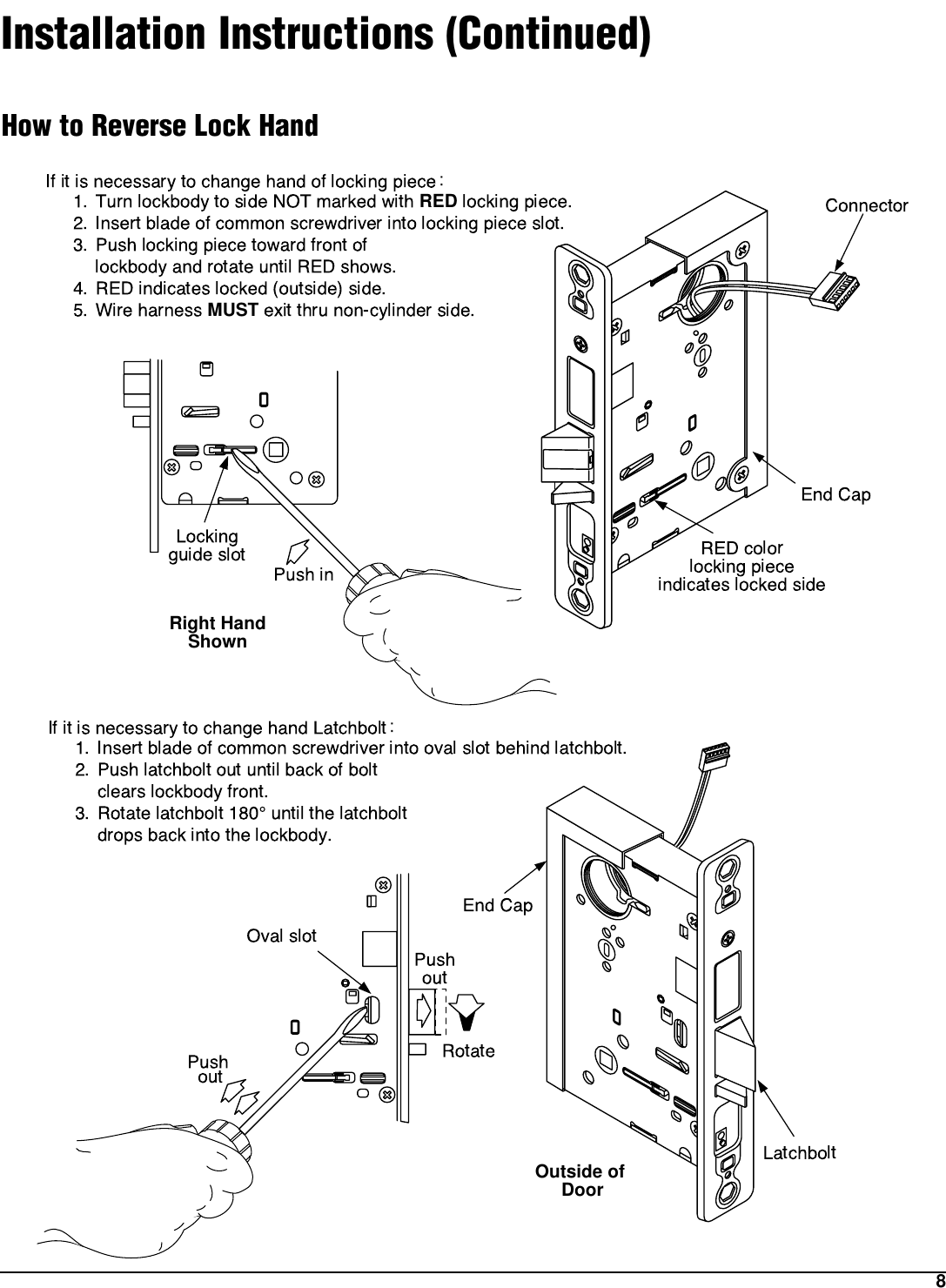 8Installation Instructions (Continued)How to Reverse Lock HandREDMUST Right HandShownOutside of Door