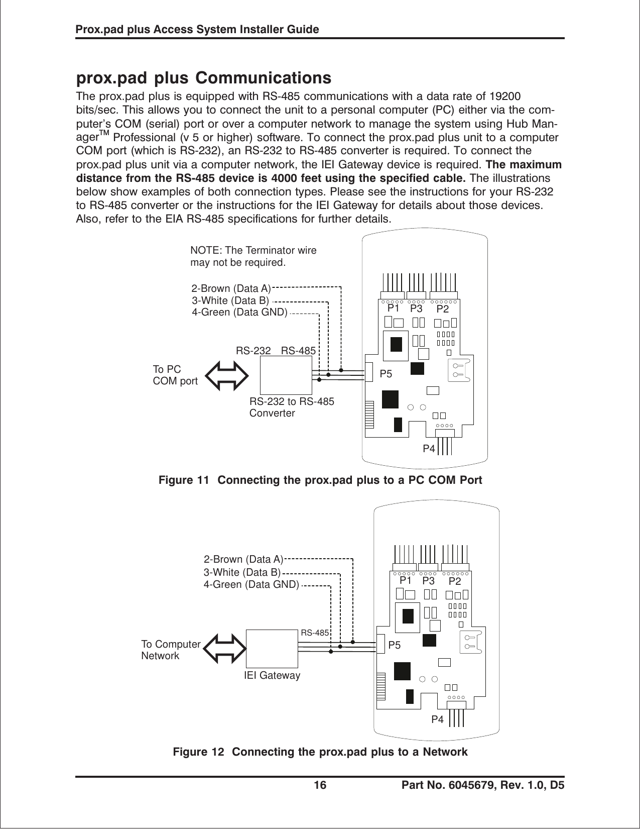 prox.pad plus CommunicationsThe prox.pad plus is equipped with RS-485 communications with a data rate of 19200bits/sec. This allows you to connect the unit to a personal computer (PC) either via the com-puter’s COM (serial) port or over a computer network to manage the system using Hub Man-agerTM Professional (v 5 or higher) software. To connect the prox.pad plus unit to a computerCOM port (which is RS-232), an RS-232 to RS-485 converter is required. To connect theprox.pad plus unit via a computer network, the IEI Gateway device is required. The maximumdistance from the RS-485 device is 4000 feet using the specified cable. The illustrationsbelow show examples of both connection types. Please see the instructions for your RS-232toRS-485converterortheinstructionsfortheIEIGatewayfordetailsaboutthosedevices.Also, refer to the EIA RS-485 specifications for further details.RS-232 RS-485RS-232 to RS-485ConverterTo PCCOM port ó2-Brown (Data A)3-White (Data B)4-Green (Data GND)NOTE: The Terminator wiremay not be required.P1 P3 P2P5P4Figure 11 Connecting the prox.pad plus to a PC COM PortRS-485óTo ComputerNetwork2-Brown (Data A)3-White (Data B)4-Green (Data GND) P1 P3 P2P5P4IEI GatewayFigure 12 Connecting the prox.pad plus to a NetworkProx.pad plus Access System Installer Guide16 Part No. 6045679, Rev. 1.0, D5